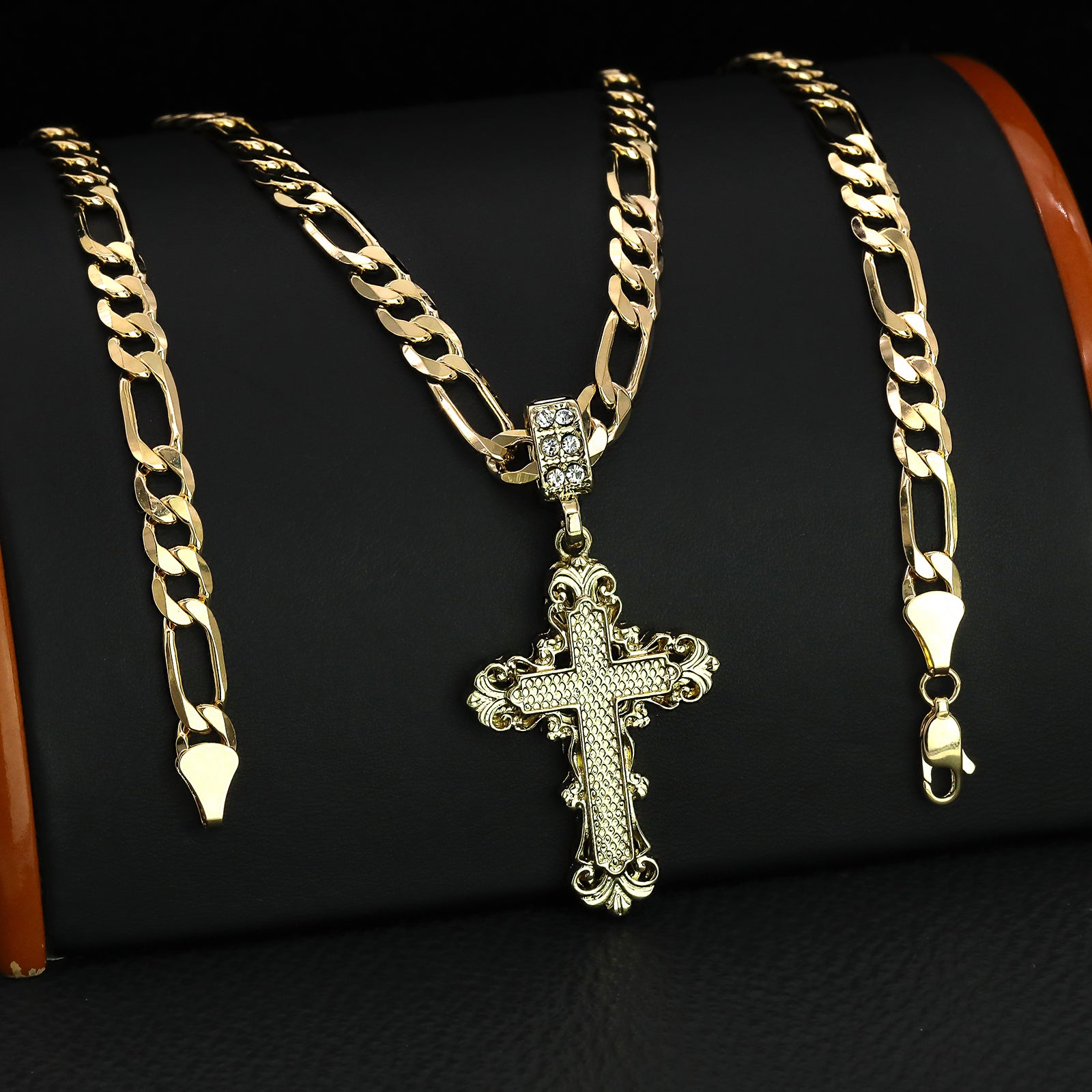 Royal Cross Pendant 20" Figaro Chain Hip Hop Style 18k Gold Plated