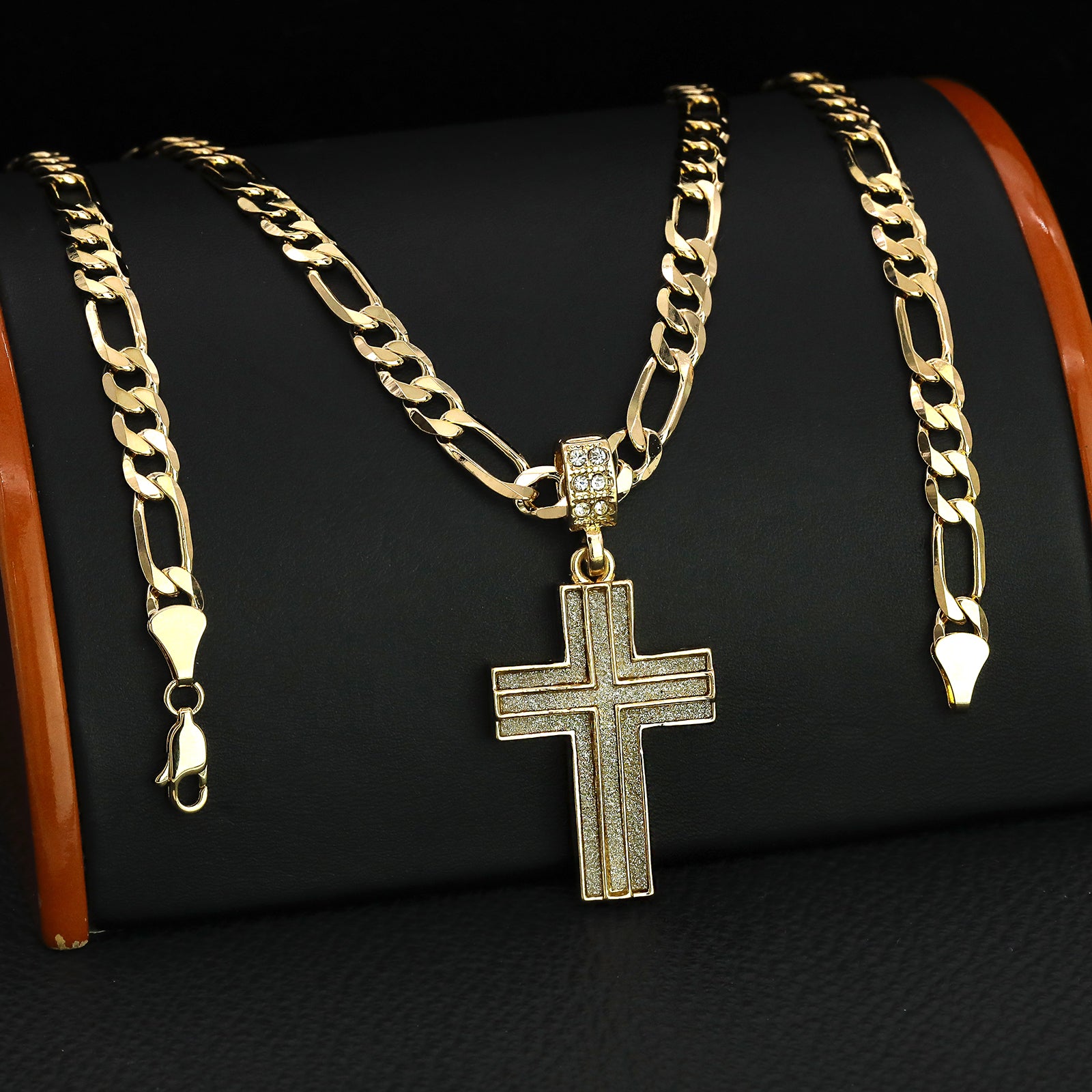 Two Cross Stardust Pendant 20" Figaro Chain Hip Hop Style 18k Gold Plated