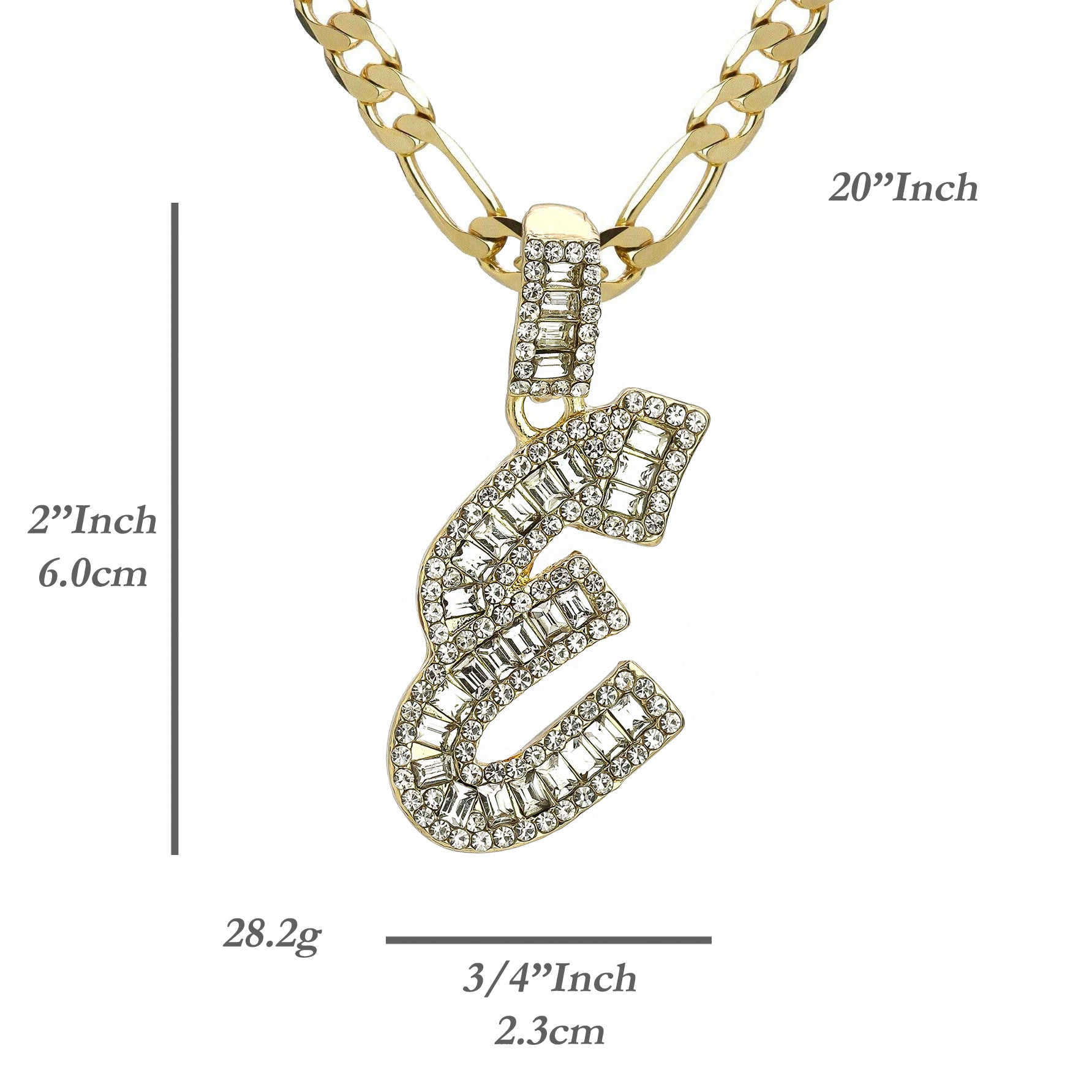 Initial Alphabet Baguette Letter Lab Diamond Cut Pendant 20"Figaro Chain Hip Hop Necklace