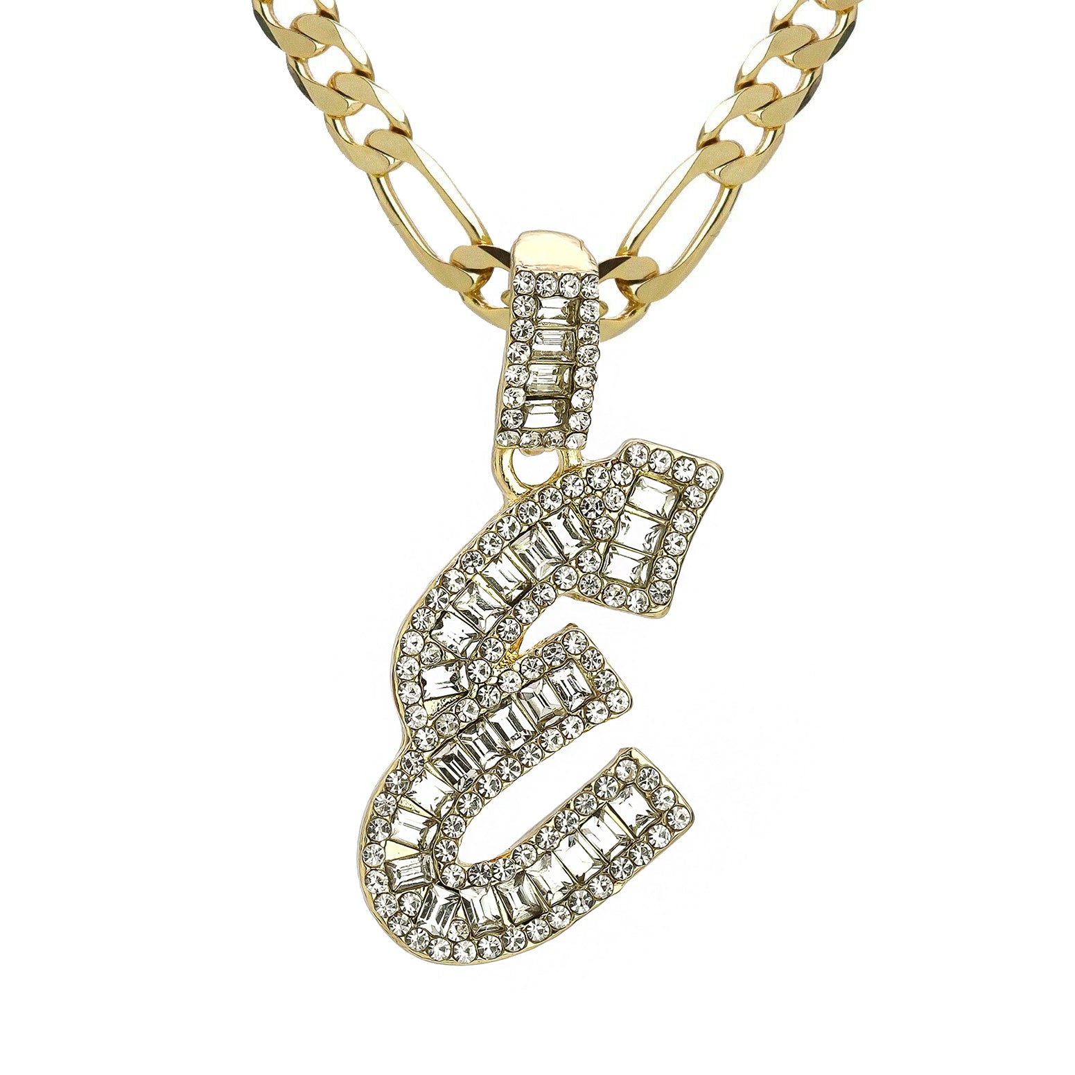 Initial Alphabet Baguette Letter Lab Diamond Cut Pendant 20"Figaro Chain Hip Hop Necklace
