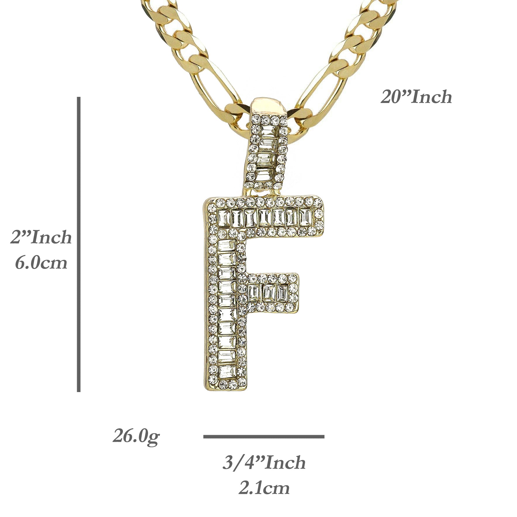 Initial Alphabet Baguette Letter Lab Diamond Cut Pendant 20"Figaro Chain Hip Hop Necklace