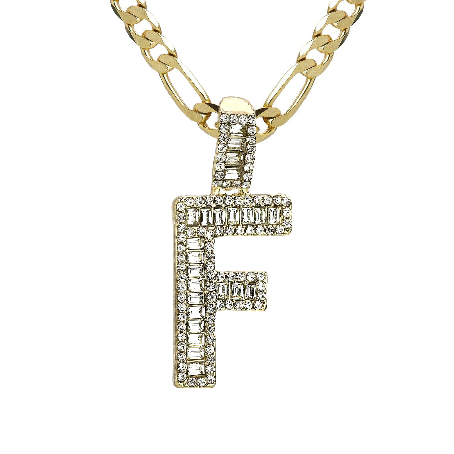 Initial Alphabet Baguette Letter Lab Diamond Cut Pendant 20"Figaro Chain Hip Hop Necklace