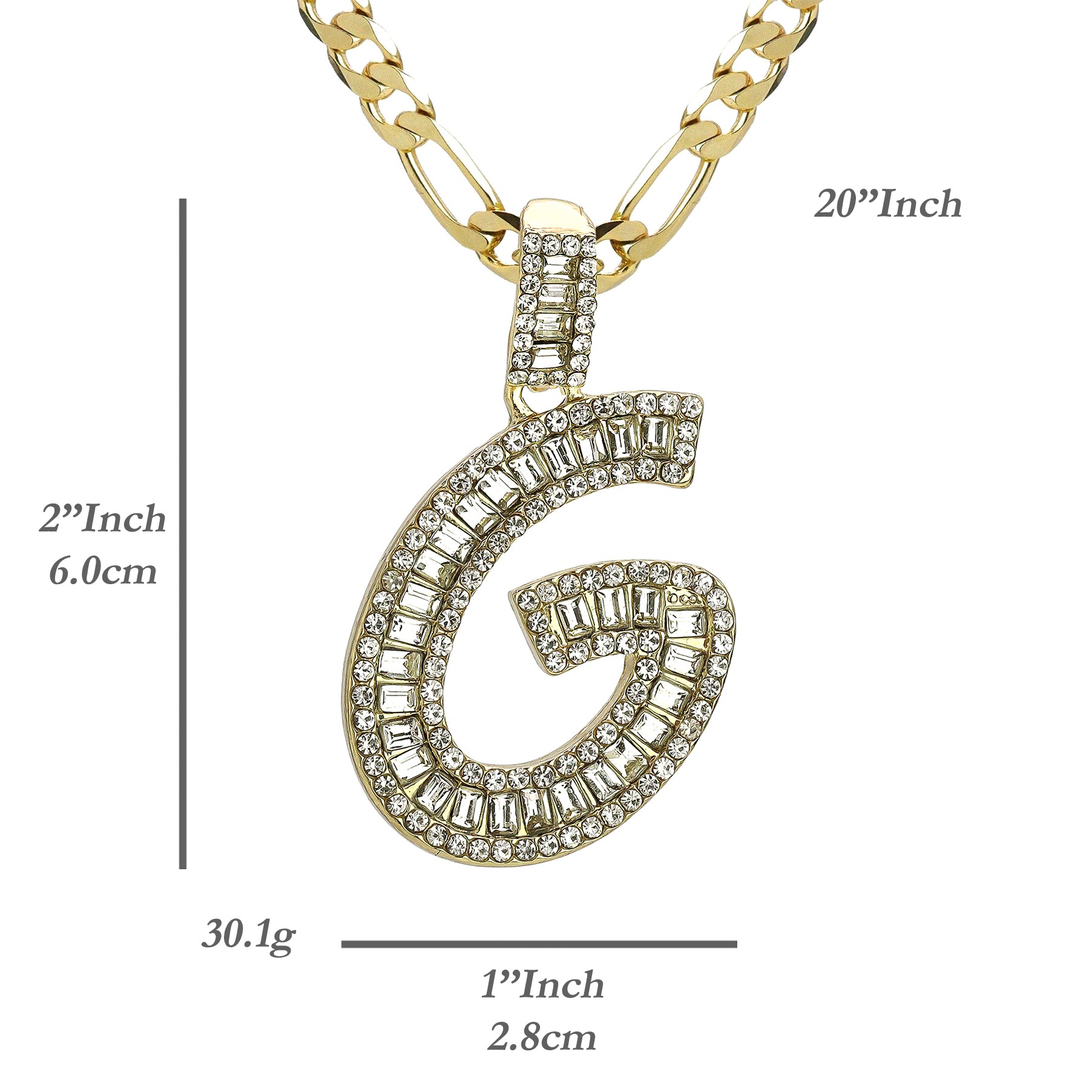 Initial Alphabet Baguette Letter Lab Diamond Cut Pendant 20"Figaro Chain Hip Hop Necklace