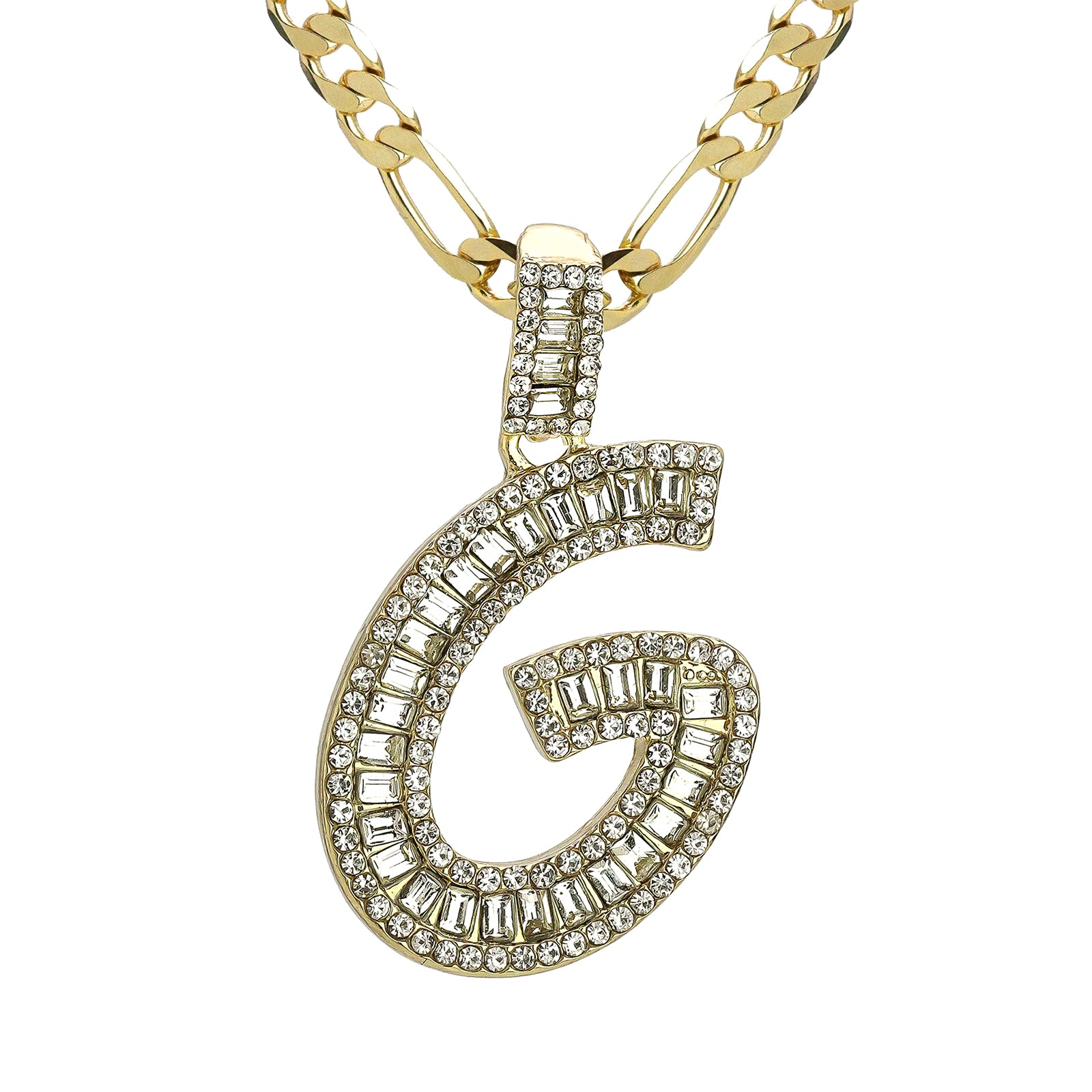 Initial Alphabet Baguette Letter Lab Diamond Cut Pendant 20"Figaro Chain Hip Hop Necklace