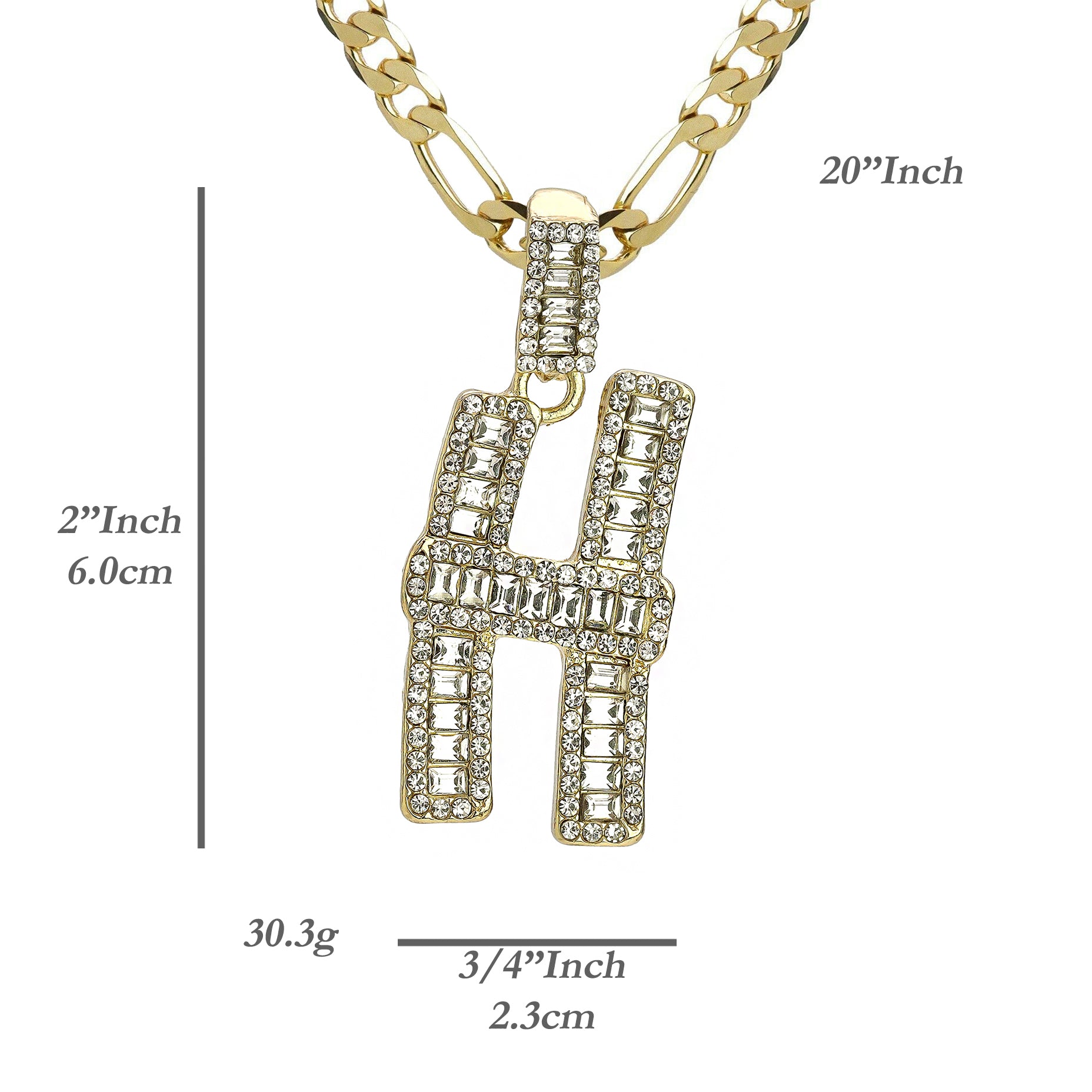Initial Alphabet Baguette Letter Lab Diamond Cut Pendant 20"Figaro Chain Hip Hop Necklace
