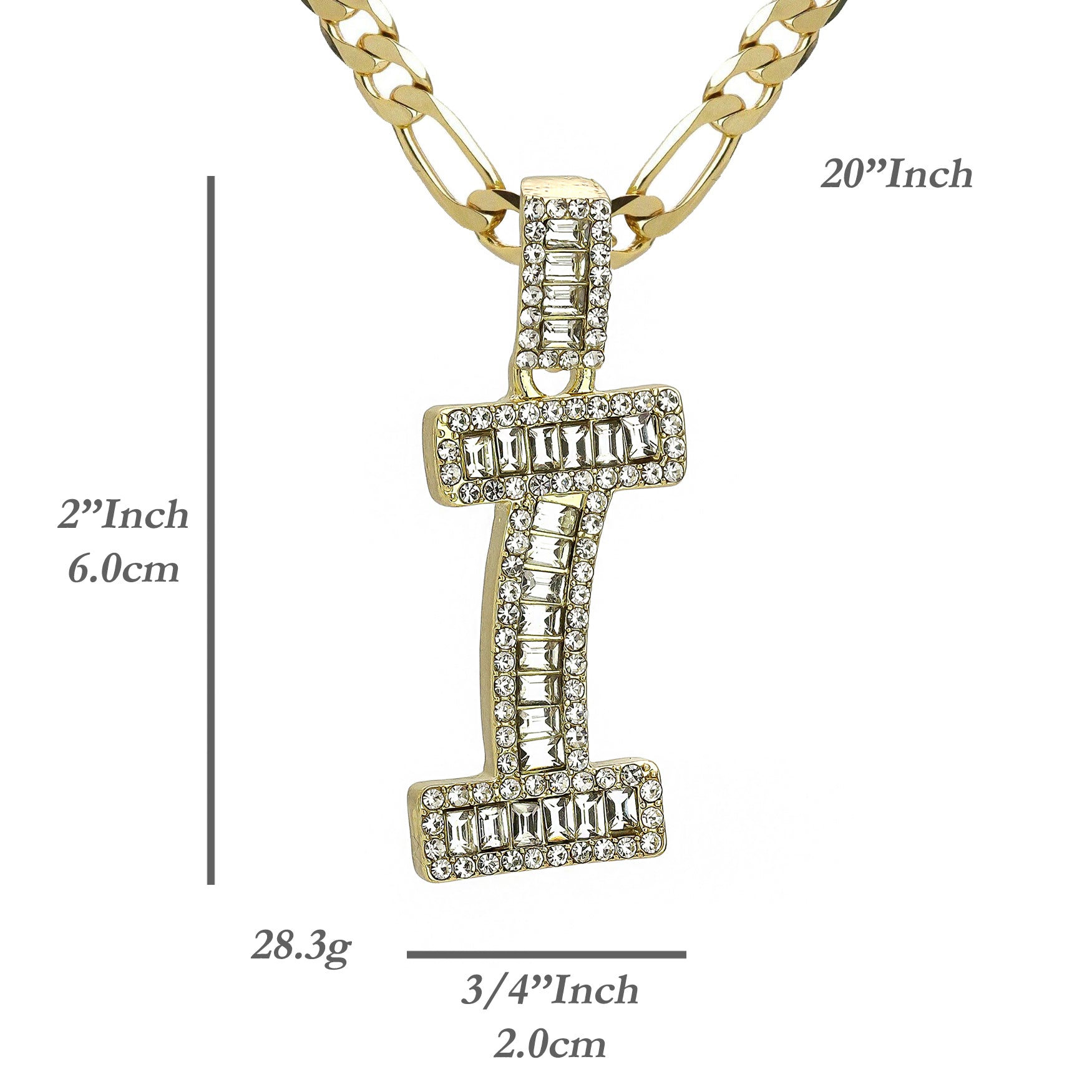 Initial Alphabet Baguette Letter Lab Diamond Cut Pendant 20"Figaro Chain Hip Hop Necklace