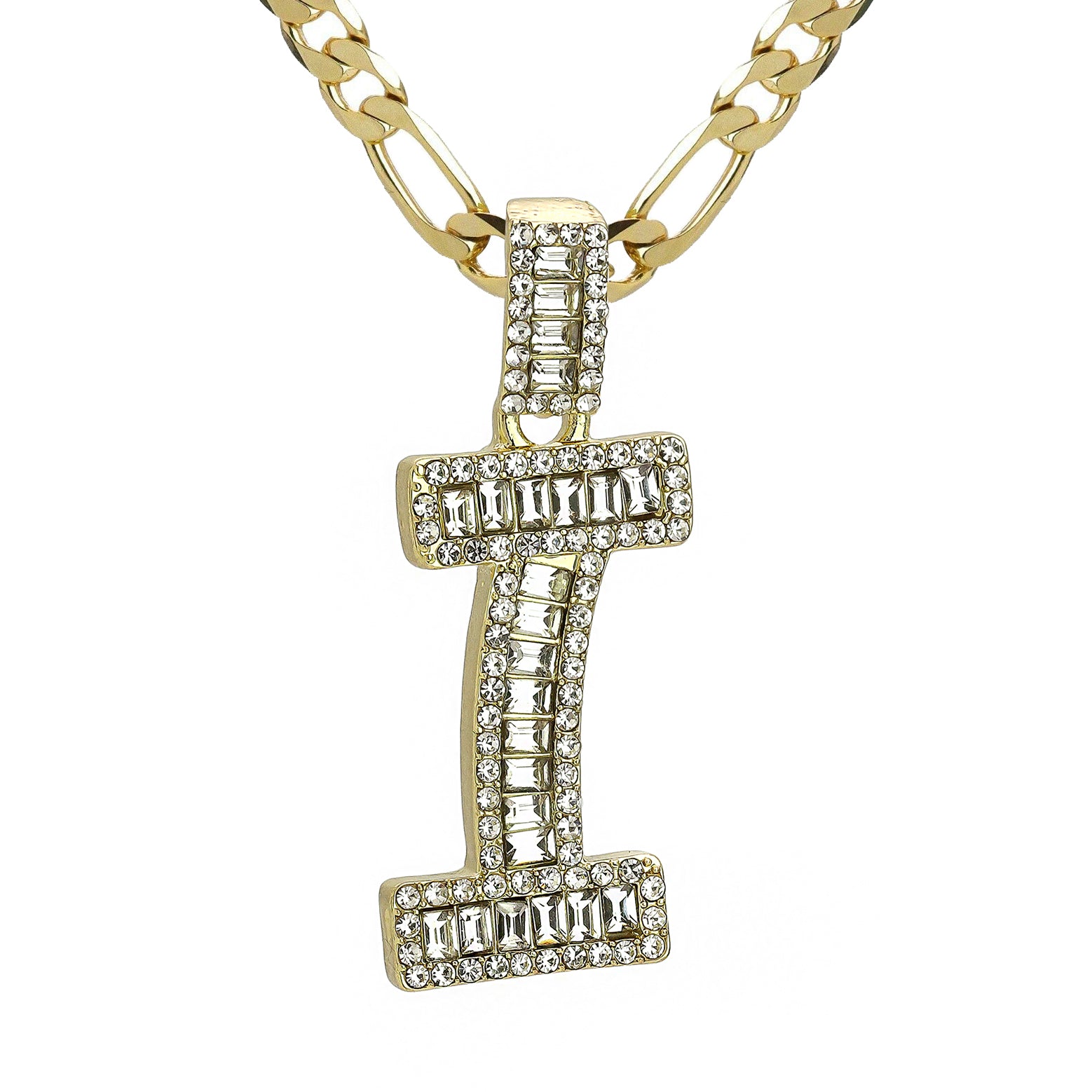 Initial Alphabet Baguette Letter Lab Diamond Cut Pendant 20"Figaro Chain Hip Hop Necklace