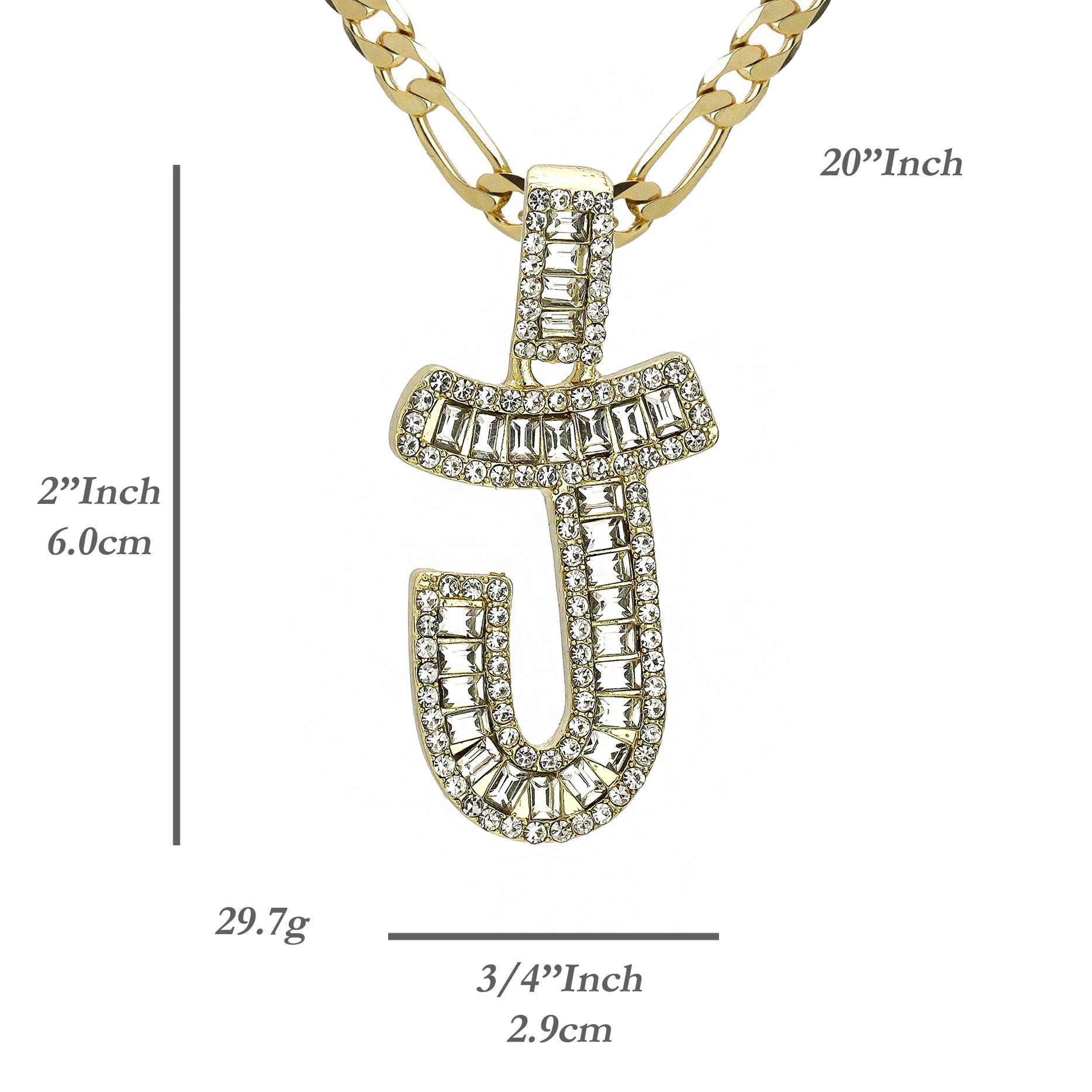 Initial Alphabet Baguette Letter Lab Diamond Cut Pendant 20"Figaro Chain Hip Hop Necklace