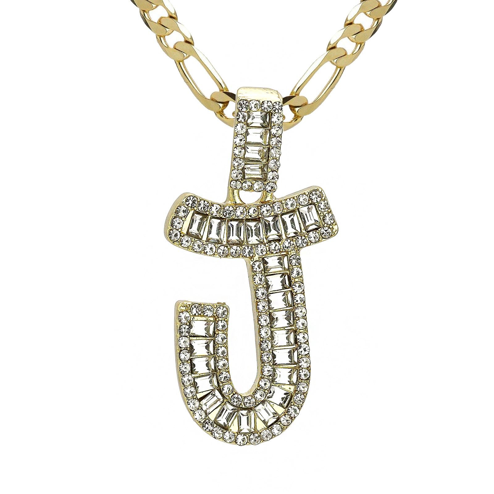Initial Alphabet Baguette Letter Lab Diamond Cut Pendant 20"Figaro Chain Hip Hop Necklace