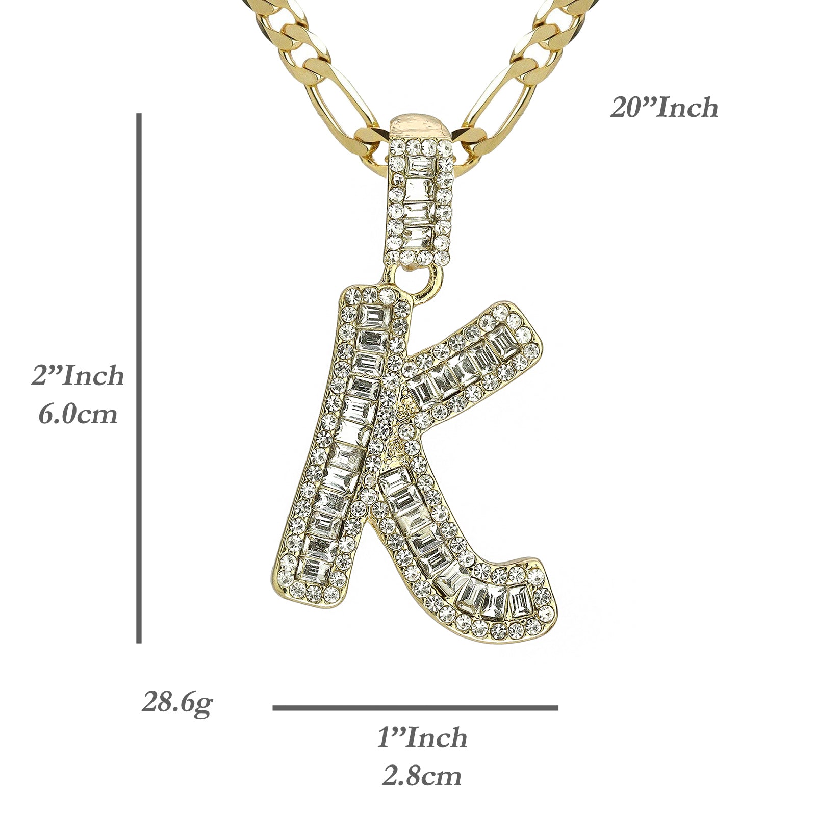 Initial Alphabet Baguette Letter Lab Diamond Cut Pendant 20"Figaro Chain Hip Hop Necklace