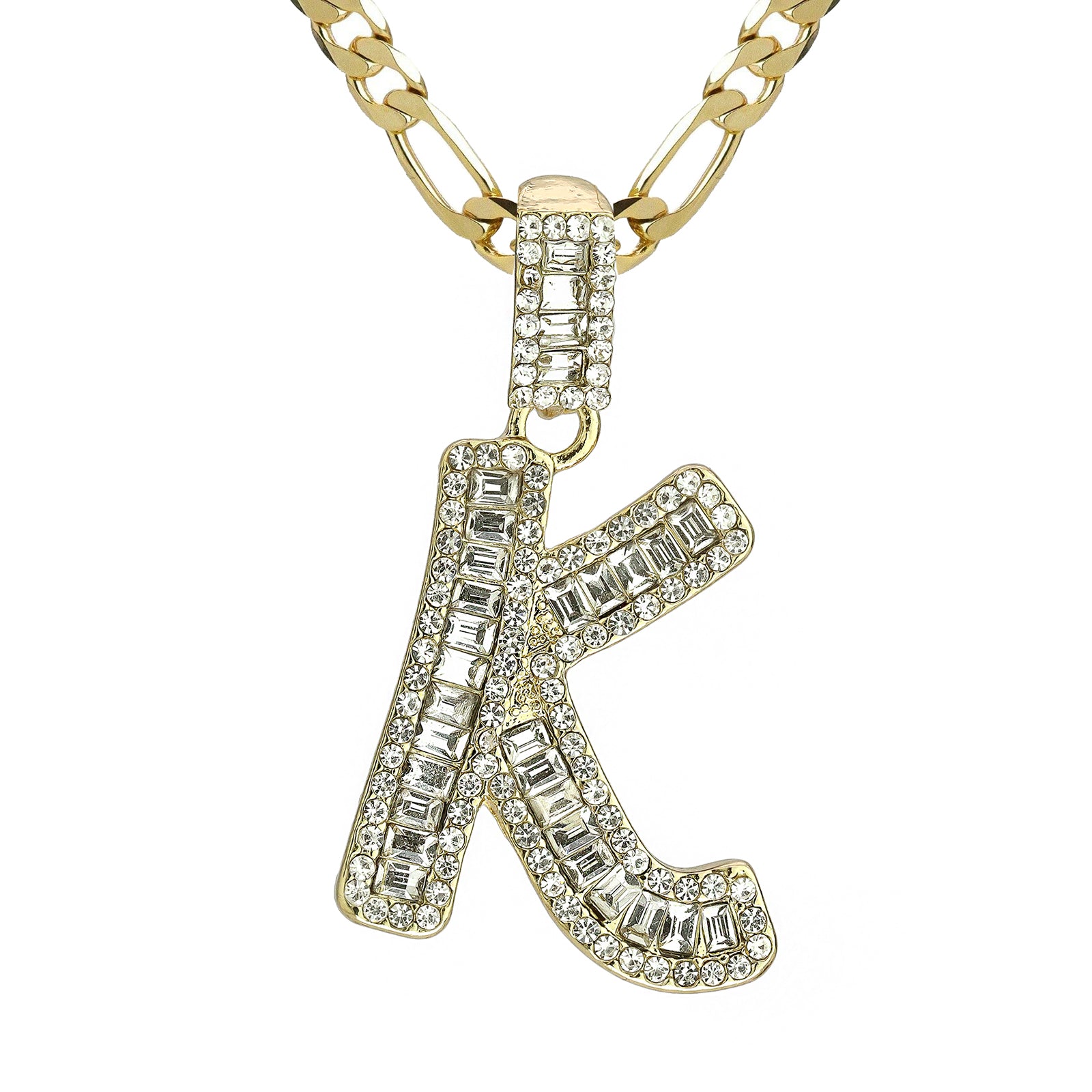 Initial Alphabet Baguette Letter Lab Diamond Cut Pendant 20"Figaro Chain Hip Hop Necklace