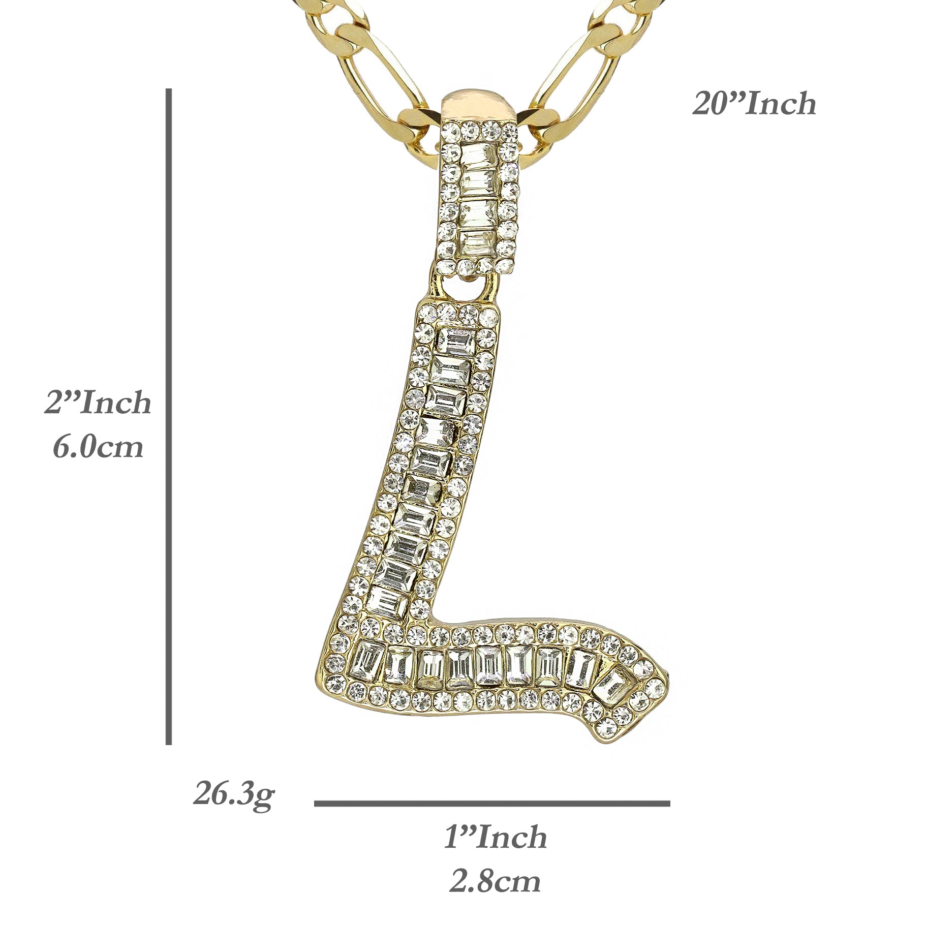 Initial Alphabet Baguette Letter Lab Diamond Cut Pendant 20"Figaro Chain Hip Hop Necklace