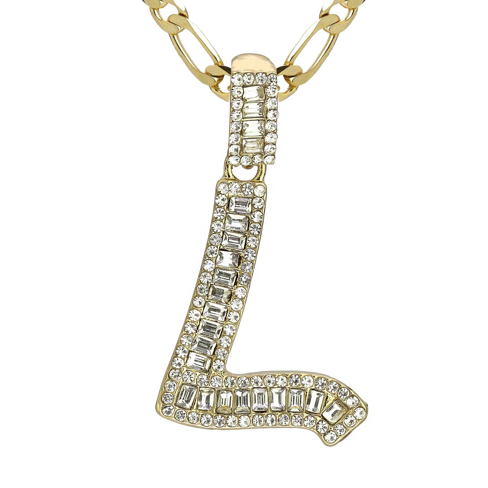 Initial Alphabet Baguette Letter Lab Diamond Cut Pendant 20"Figaro Chain Hip Hop Necklace
