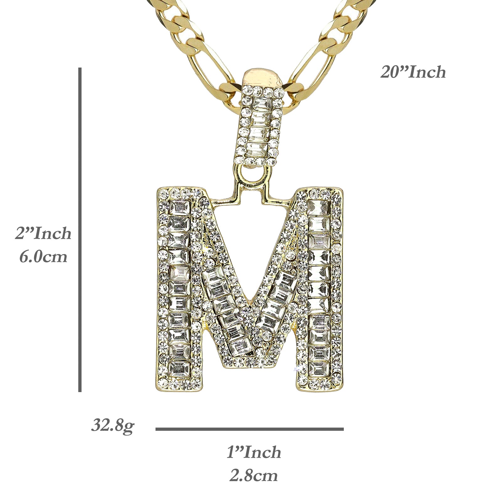 Initial Alphabet Baguette Letter Lab Diamond Cut Pendant 20"Figaro Chain Hip Hop Necklace