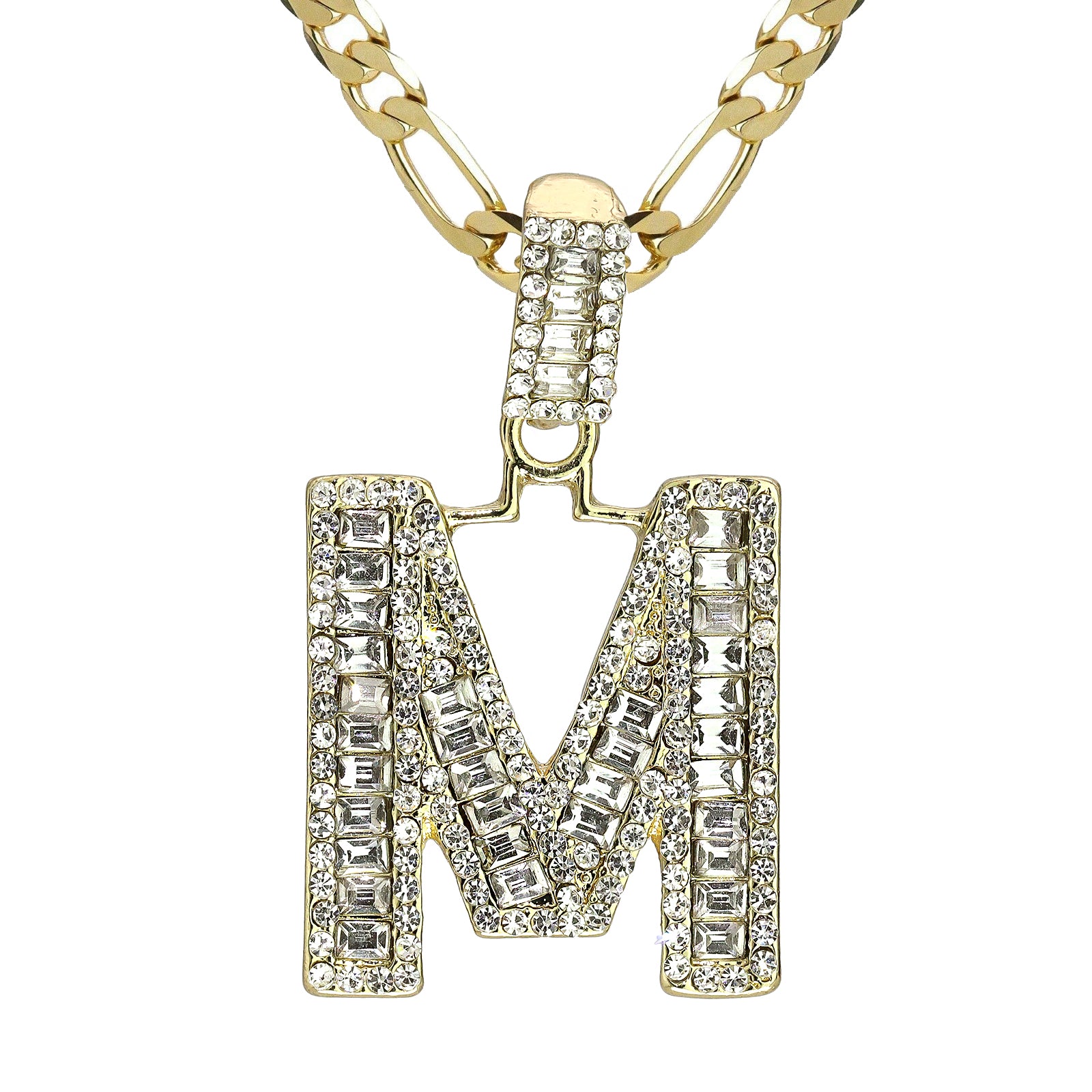 Initial Alphabet Baguette Letter Lab Diamond Cut Pendant 20"Figaro Chain Hip Hop Necklace