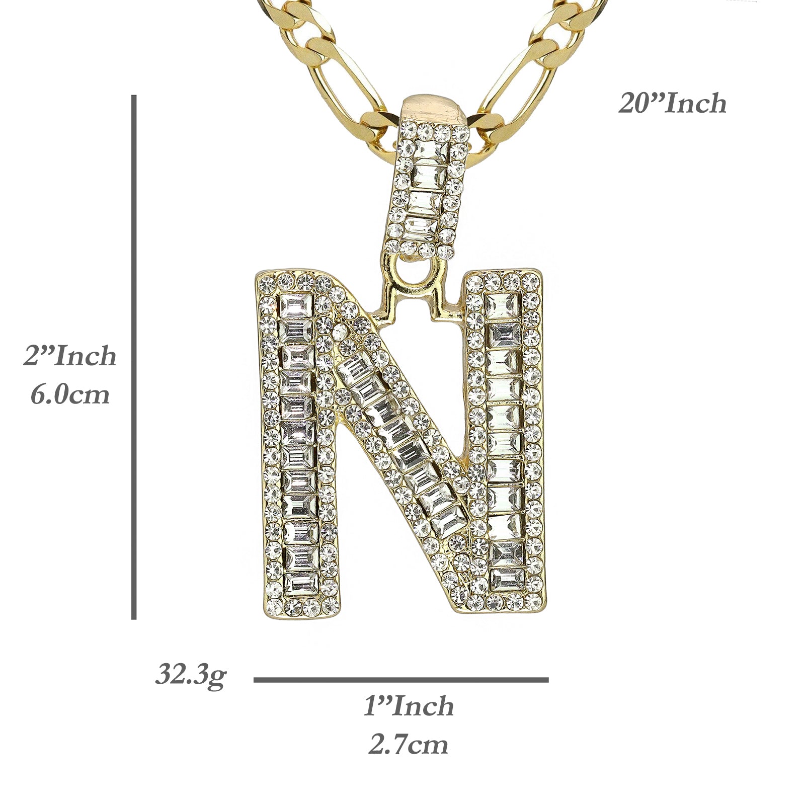 Initial Alphabet Baguette Letter Lab Diamond Cut Pendant 20"Figaro Chain Hip Hop Necklace