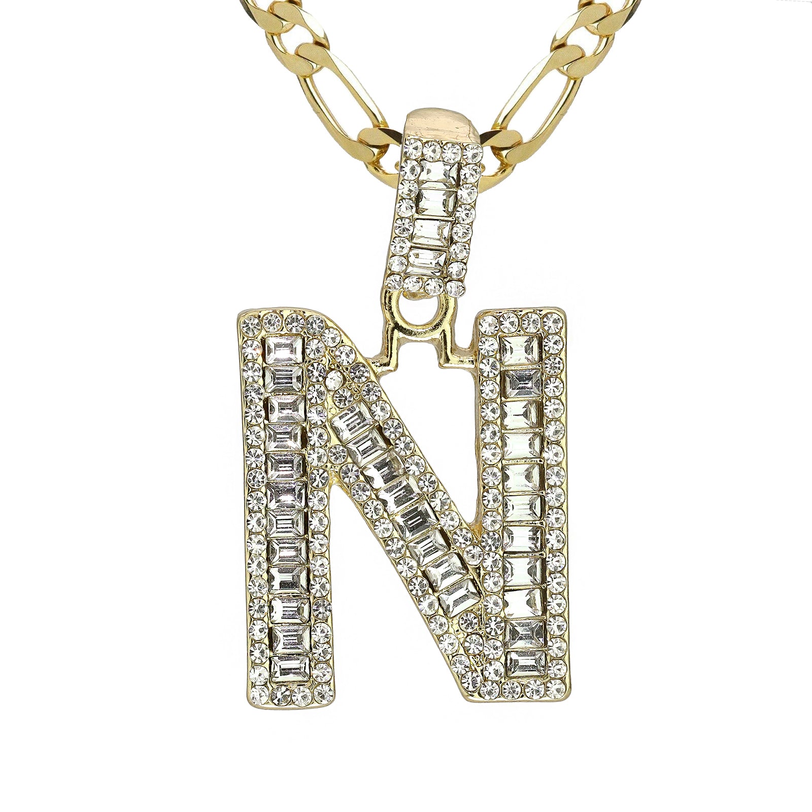 Initial Alphabet Baguette Letter Lab Diamond Cut Pendant 20"Figaro Chain Hip Hop Necklace