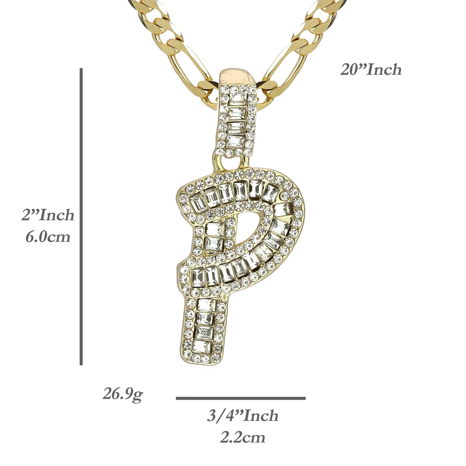 Initial Alphabet Baguette Letter Lab Diamond Cut Pendant 20"Figaro Chain Hip Hop Necklace