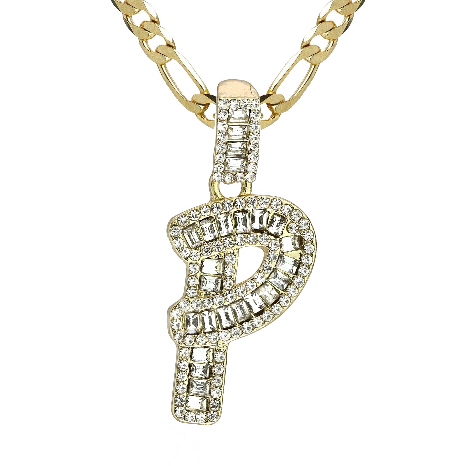 Initial Alphabet Baguette Letter Lab Diamond Cut Pendant 20"Figaro Chain Hip Hop Necklace