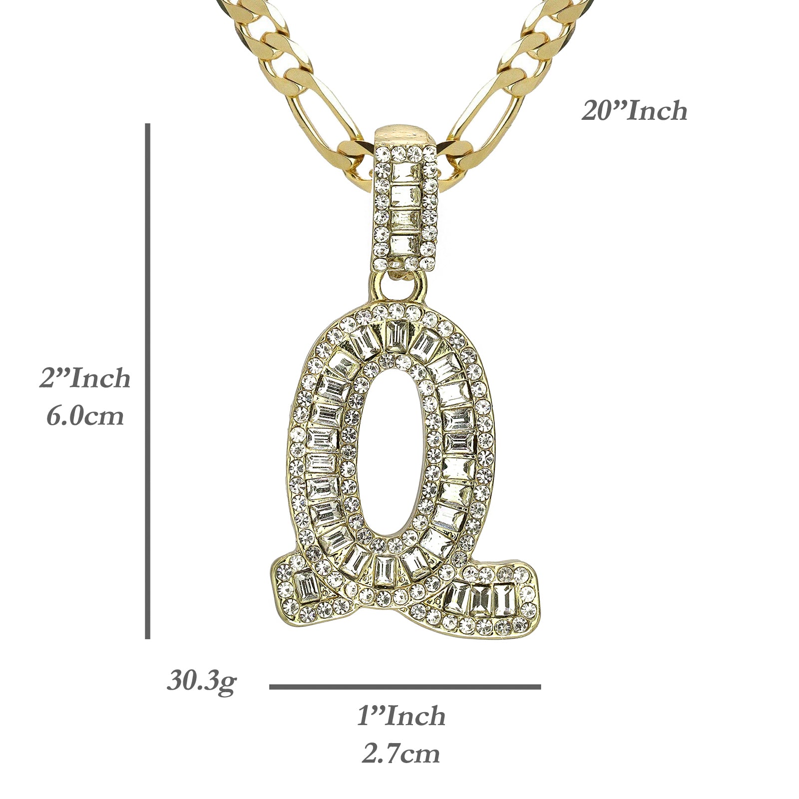 Initial Alphabet Baguette Letter Lab Diamond Cut Pendant 20"Figaro Chain Hip Hop Necklace