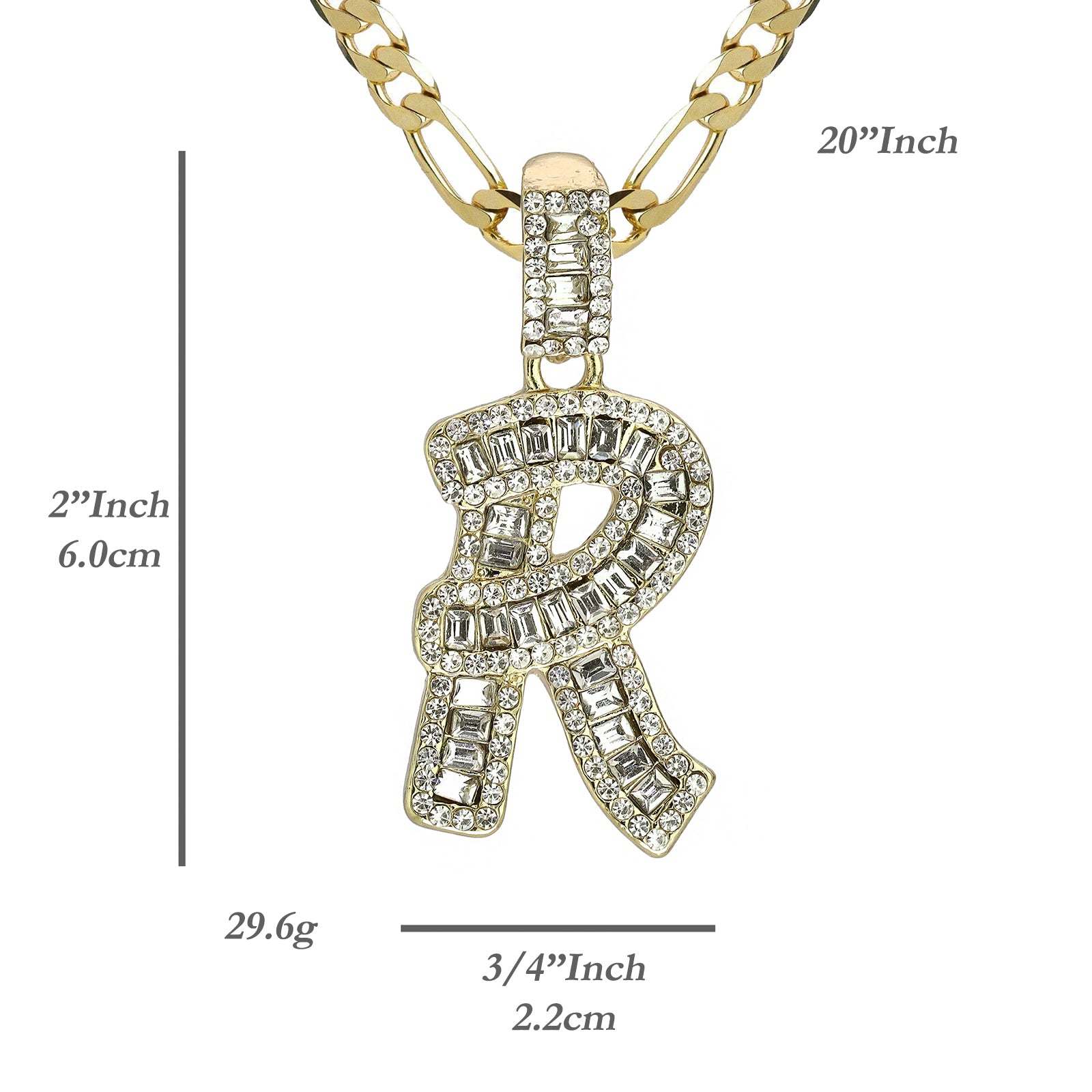 Initial Alphabet Baguette Letter Lab Diamond Cut Pendant 20"Figaro Chain Hip Hop Necklace
