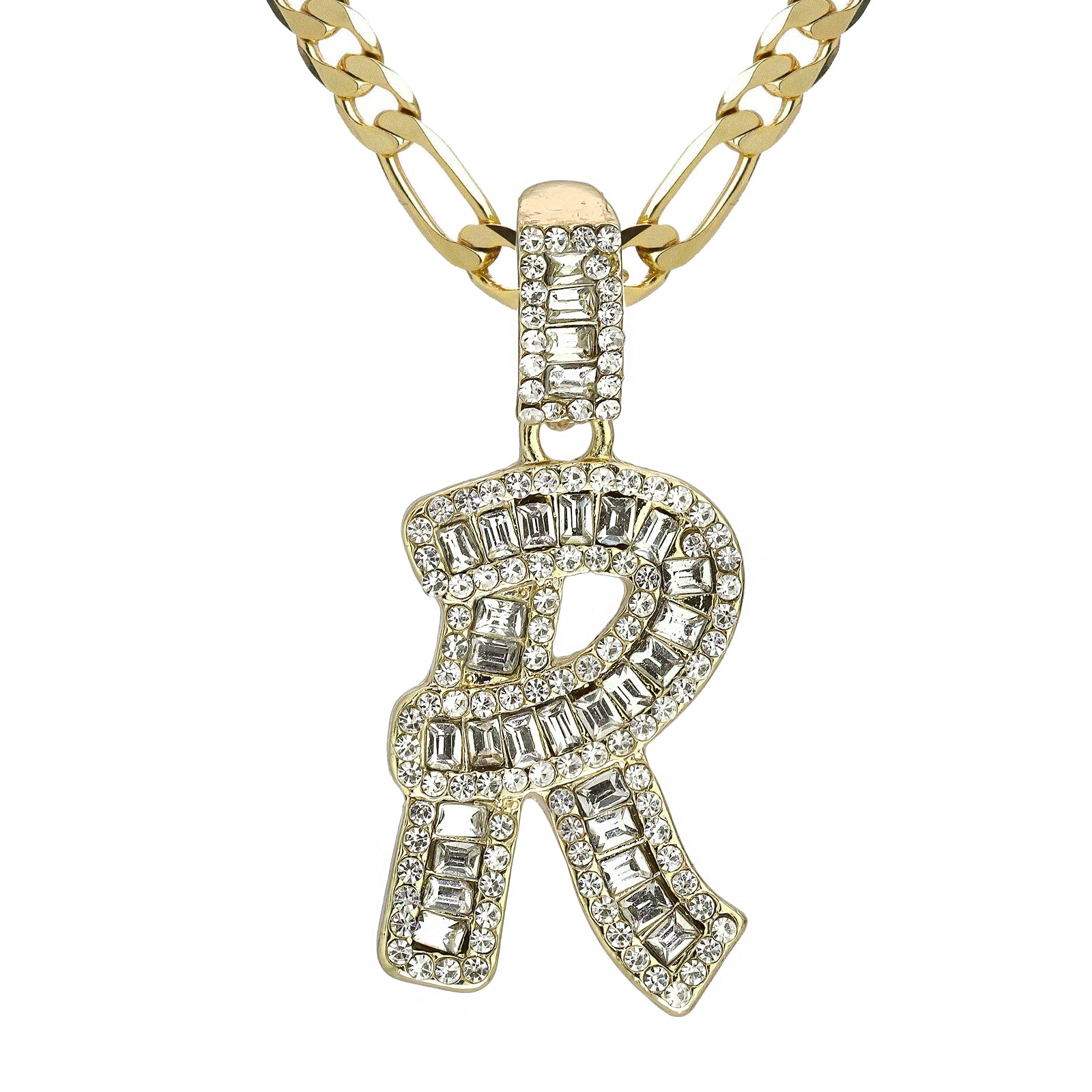 Initial Alphabet Baguette Letter Lab Diamond Cut Pendant 20"Figaro Chain Hip Hop Necklace