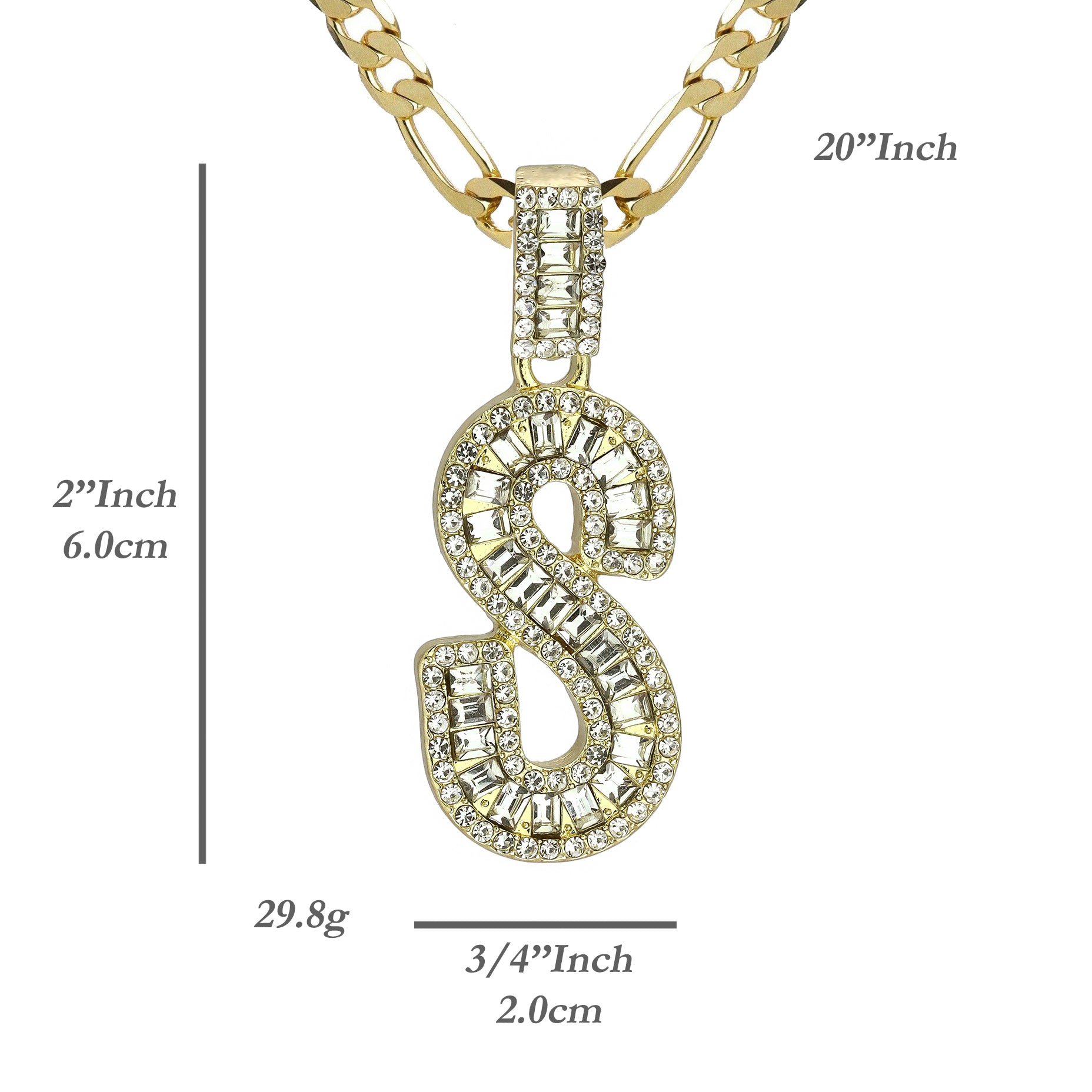 Initial Alphabet Baguette Letter Lab Diamond Cut Pendant 20"Figaro Chain Hip Hop Necklace