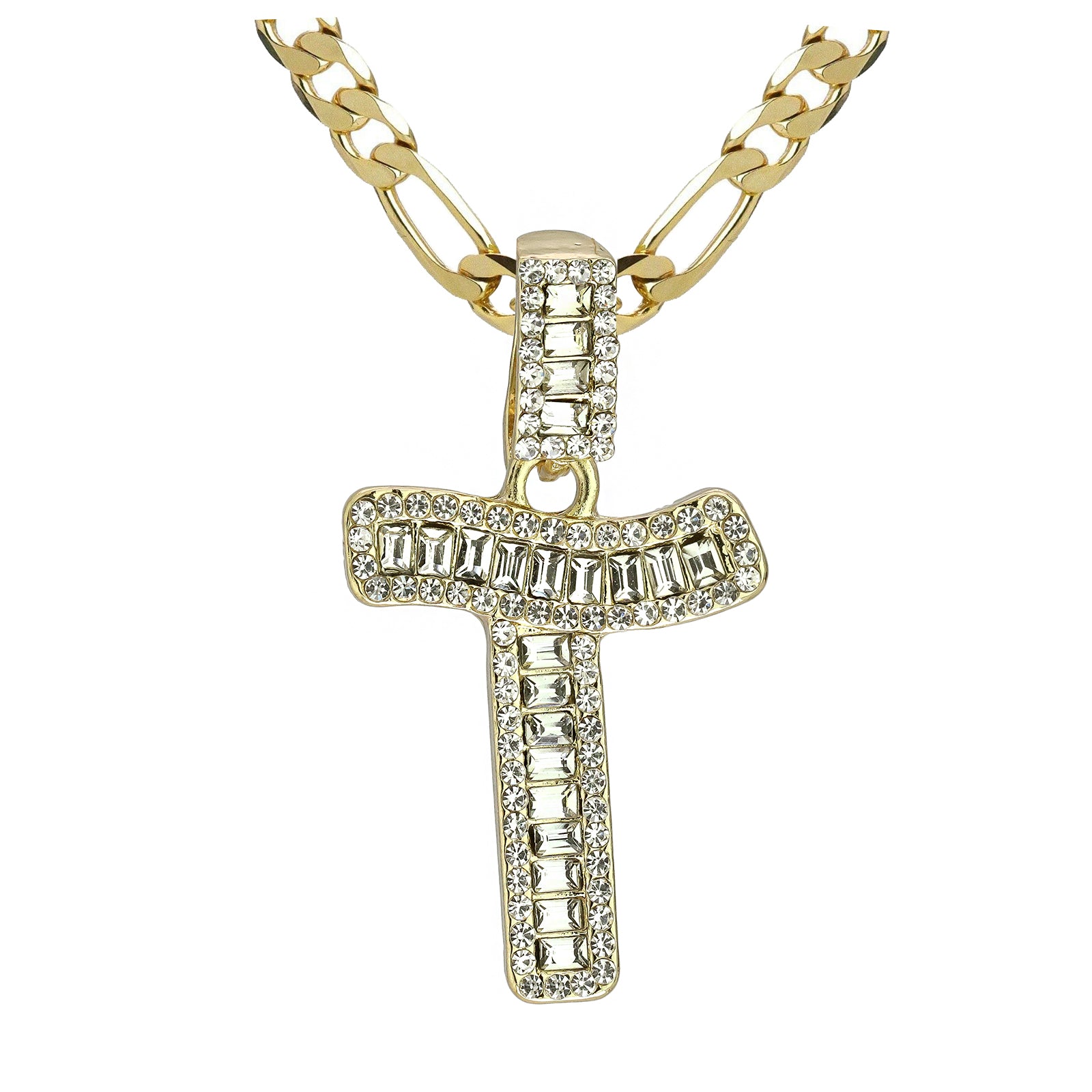 Initial Alphabet Baguette Letter Lab Diamond Cut Pendant 20"Figaro Chain Hip Hop Necklace