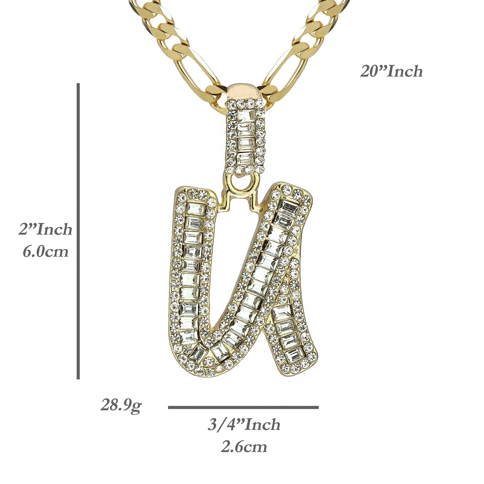Initial Alphabet Baguette Letter Lab Diamond Cut Pendant 20"Figaro Chain Hip Hop Necklace