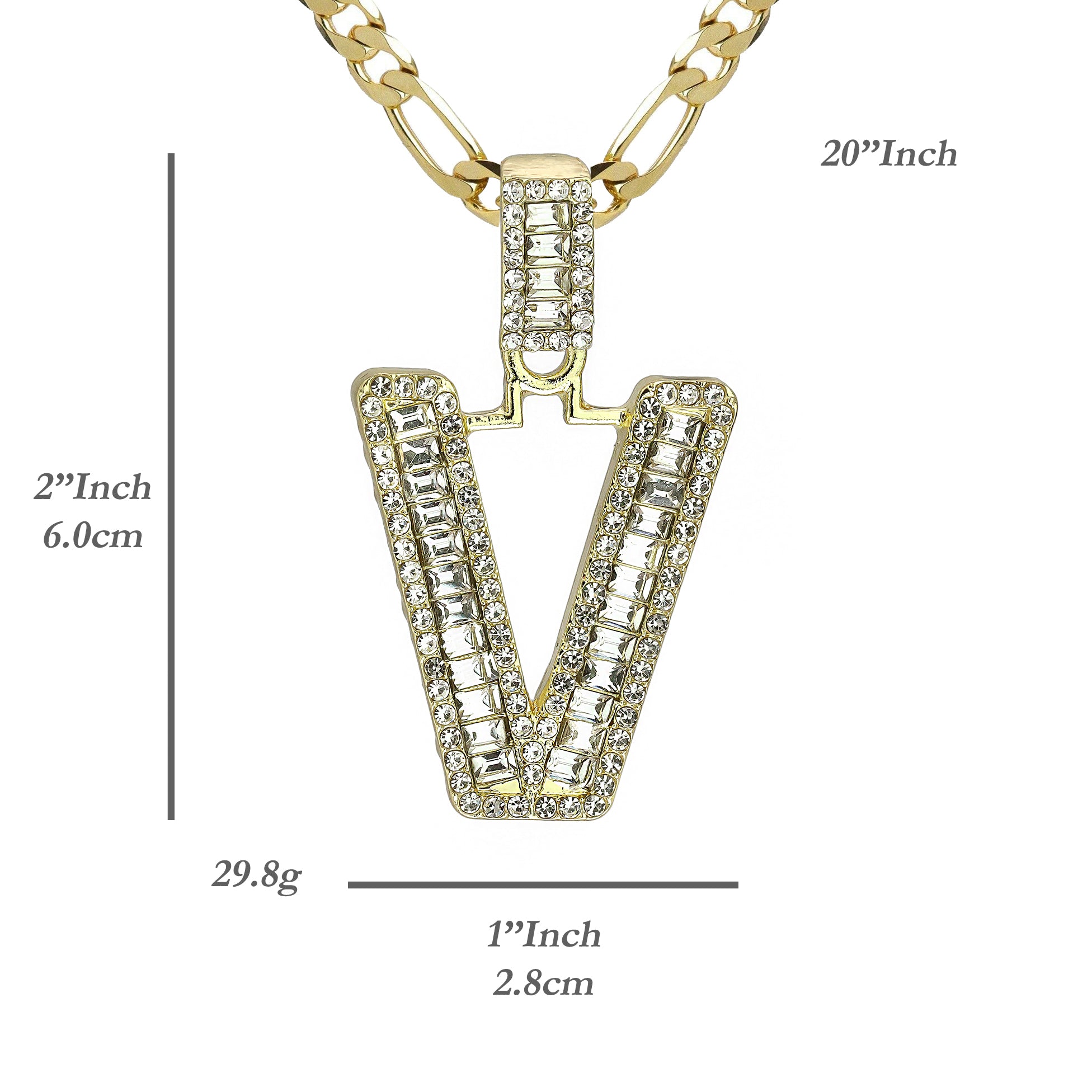 Initial Alphabet Baguette Letter Lab Diamond Cut Pendant 20"Figaro Chain Hip Hop Necklace
