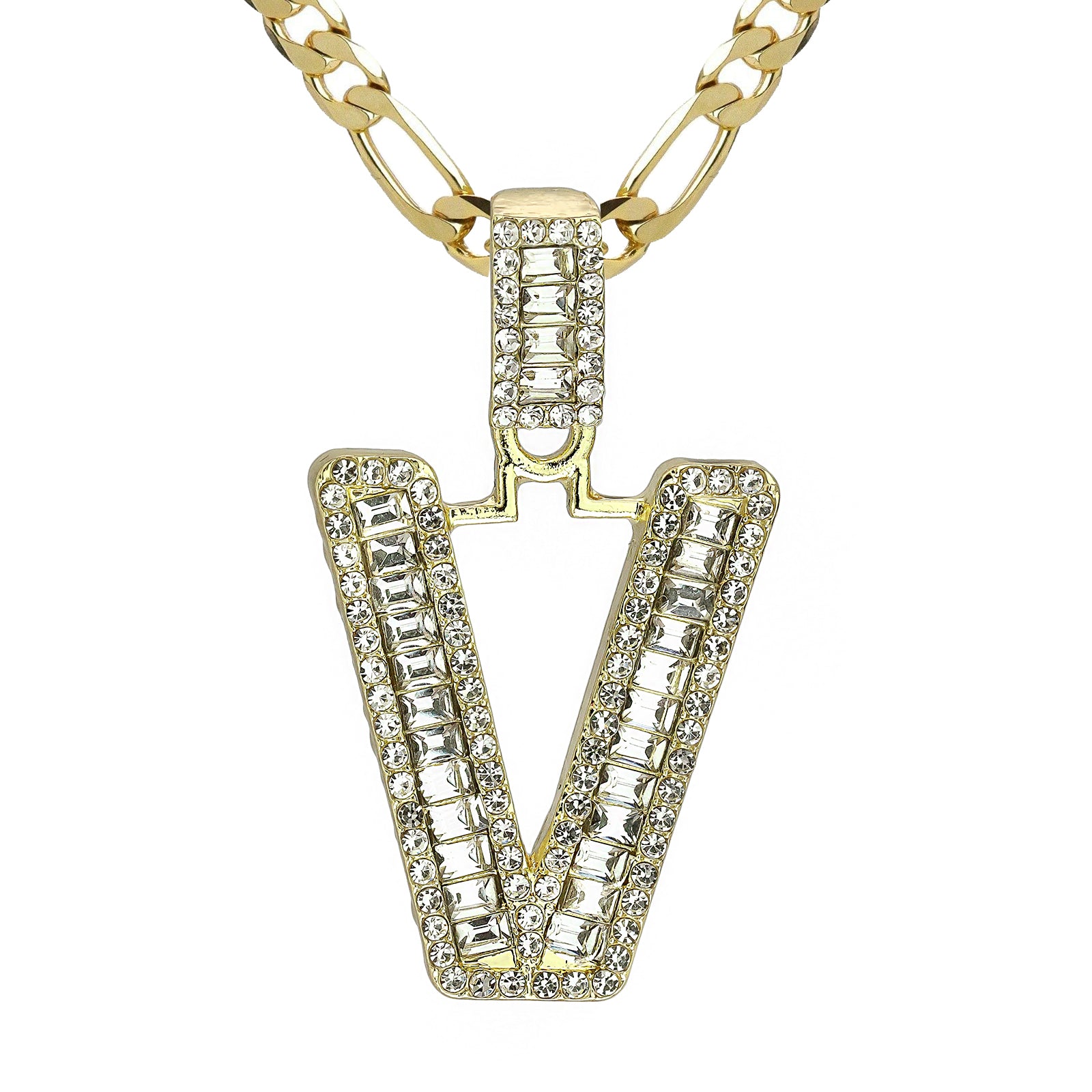 Initial Alphabet Baguette Letter Lab Diamond Cut Pendant 20"Figaro Chain Hip Hop Necklace