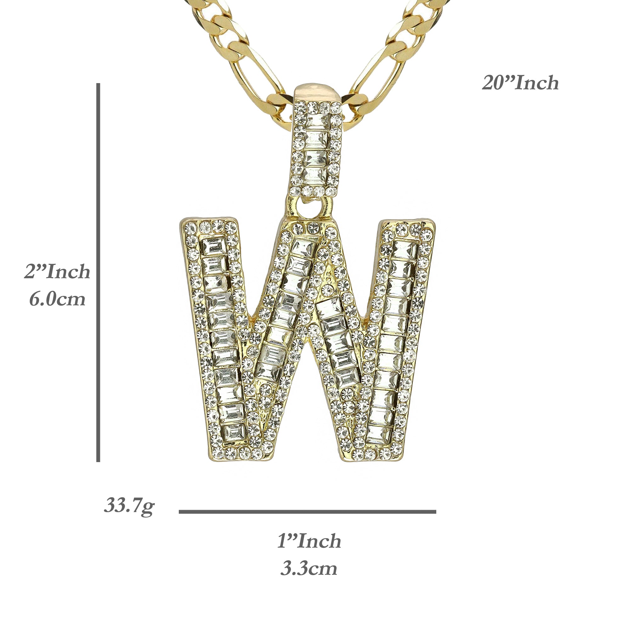Initial Alphabet Baguette Letter Lab Diamond Cut Pendant 20"Figaro Chain Hip Hop Necklace