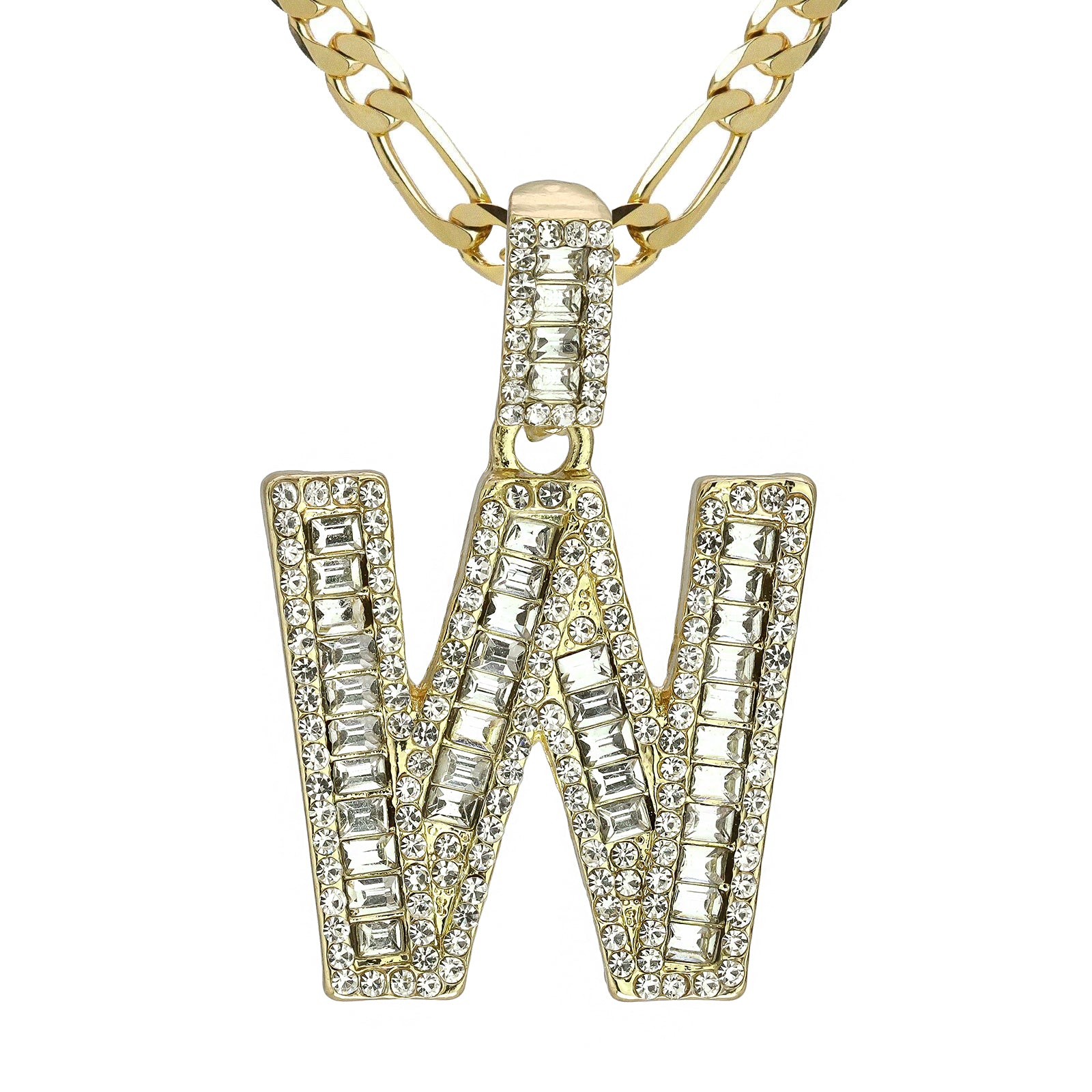 Initial Alphabet Baguette Letter Lab Diamond Cut Pendant 20"Figaro Chain Hip Hop Necklace