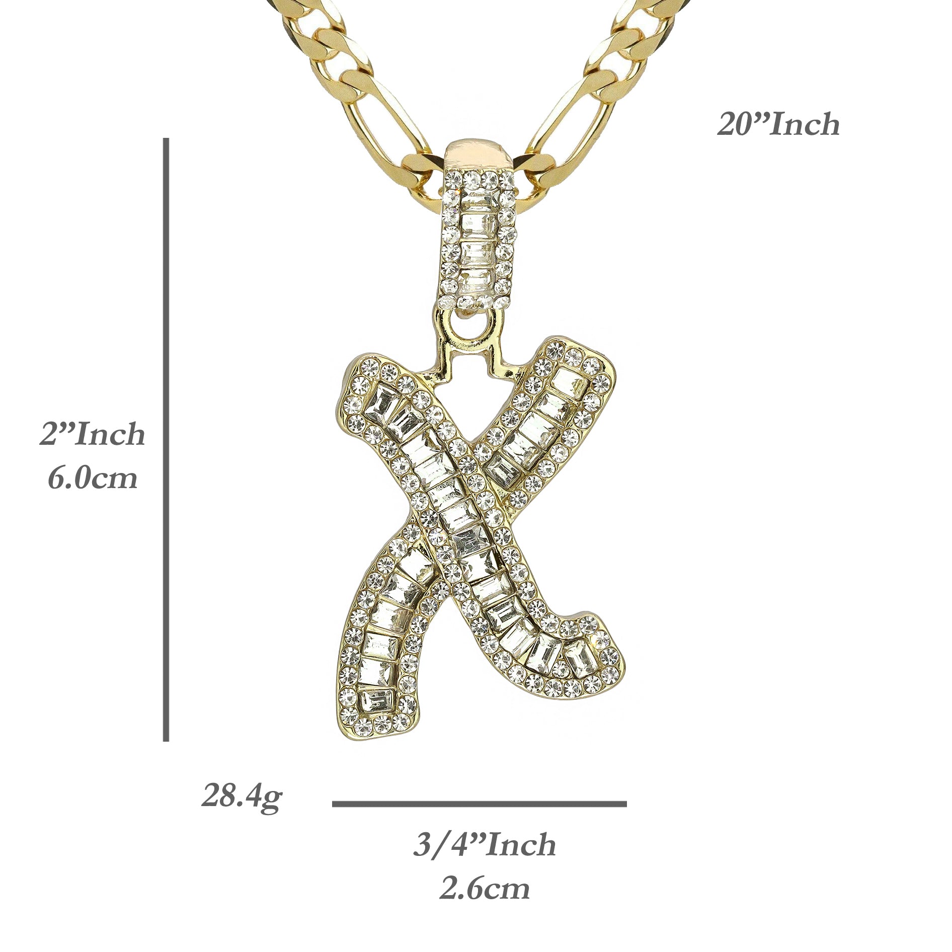 Initial Alphabet Baguette Letter Lab Diamond Cut Pendant 20"Figaro Chain Hip Hop Necklace