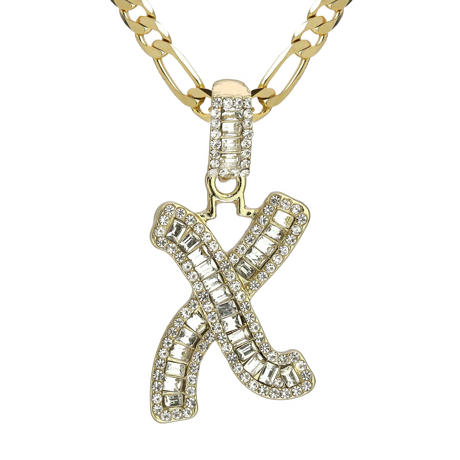 Initial Alphabet Baguette Letter Lab Diamond Cut Pendant 20"Figaro Chain Hip Hop Necklace