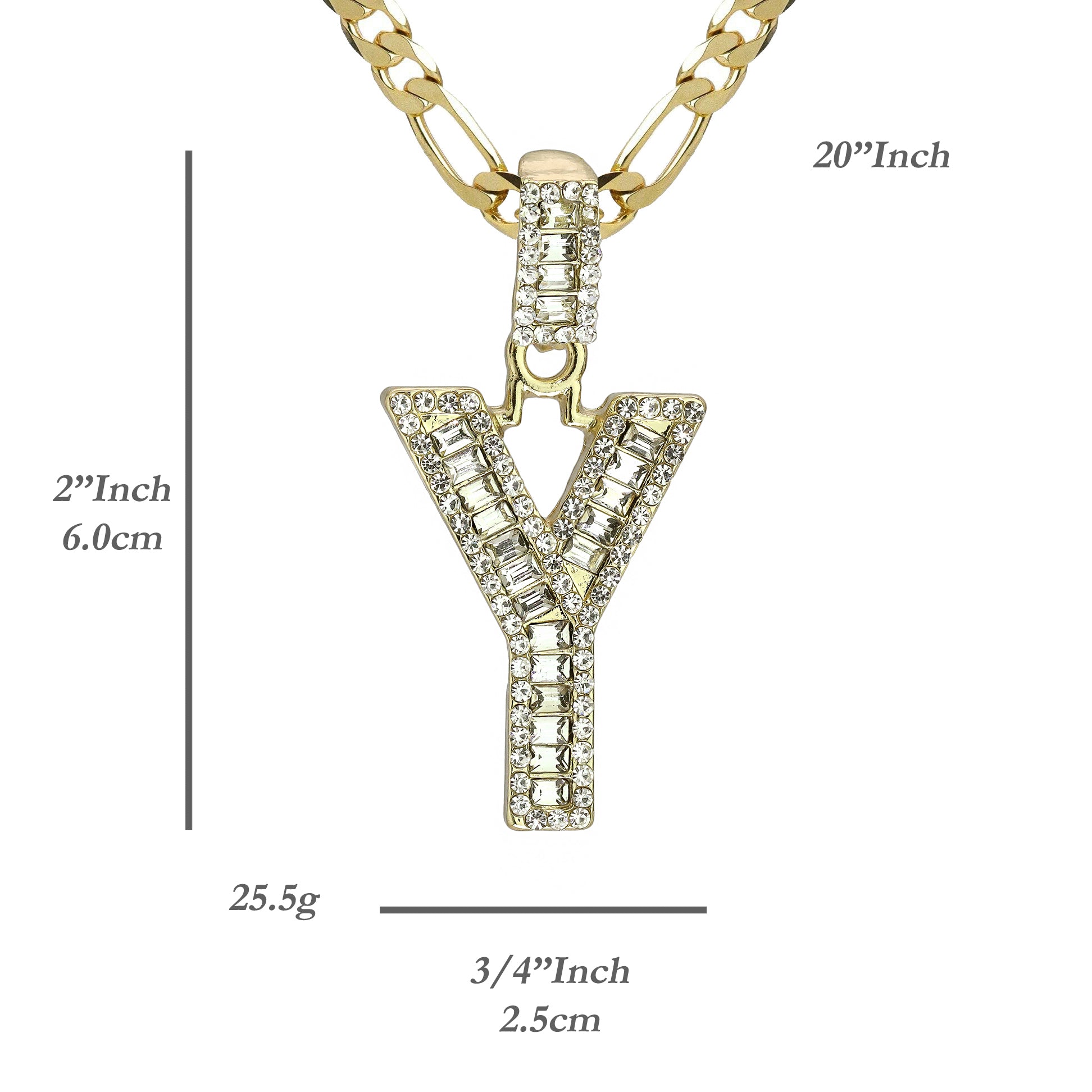 Initial Alphabet Baguette Letter Lab Diamond Cut Pendant 20"Figaro Chain Hip Hop Necklace