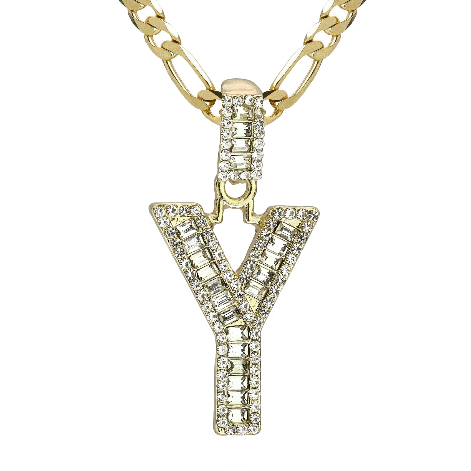 Initial Alphabet Baguette Letter Lab Diamond Cut Pendant 20"Figaro Chain Hip Hop Necklace
