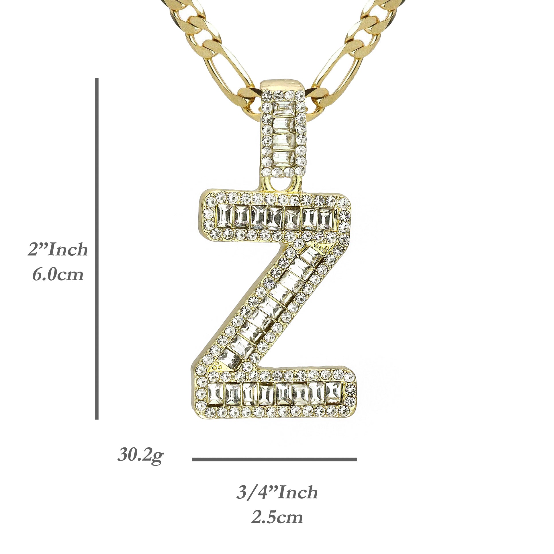 Initial Alphabet Baguette Letter Lab Diamond Cut Pendant 20"Figaro Chain Hip Hop Necklace