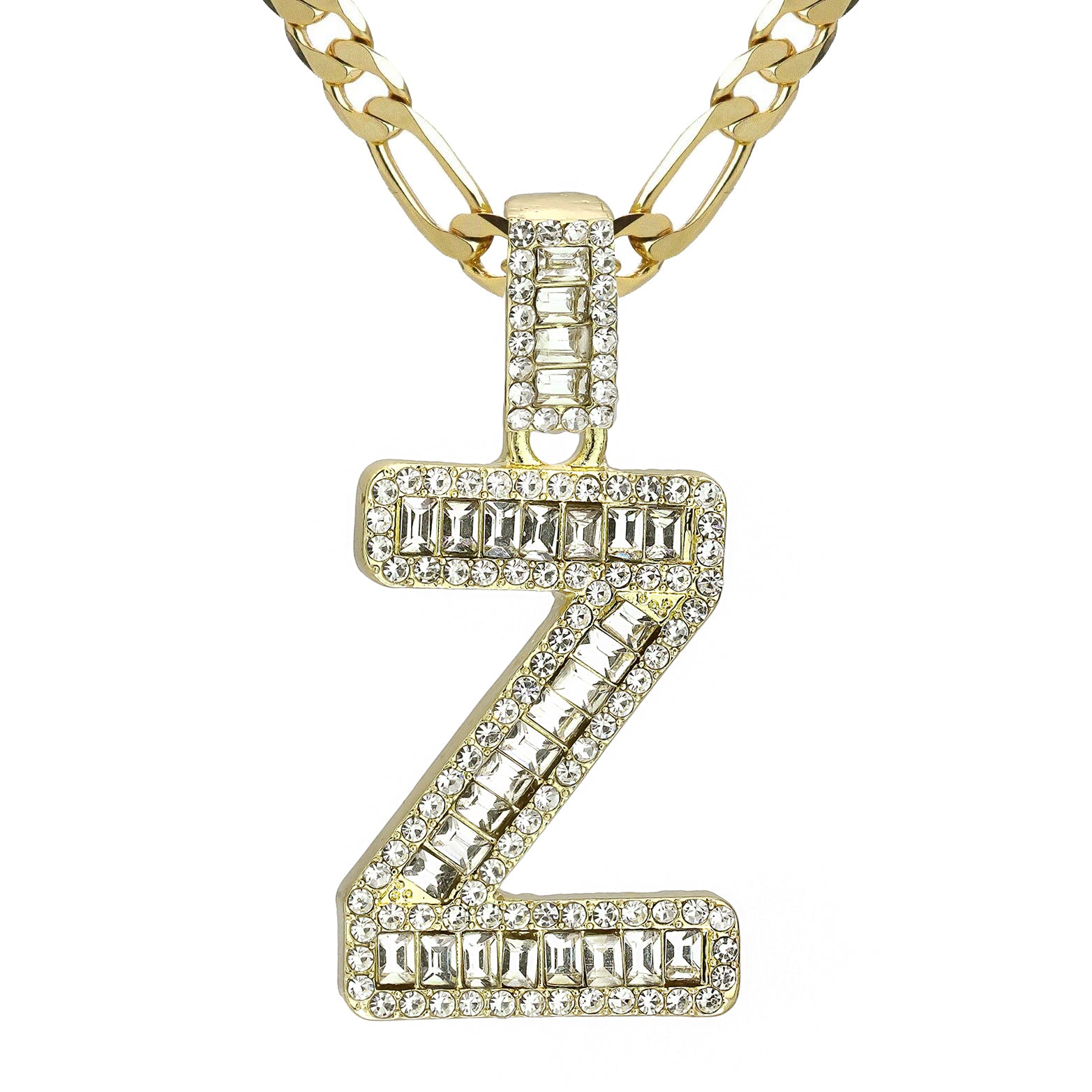 Initial Alphabet Baguette Letter Lab Diamond Cut Pendant 20"Figaro Chain Hip Hop Necklace