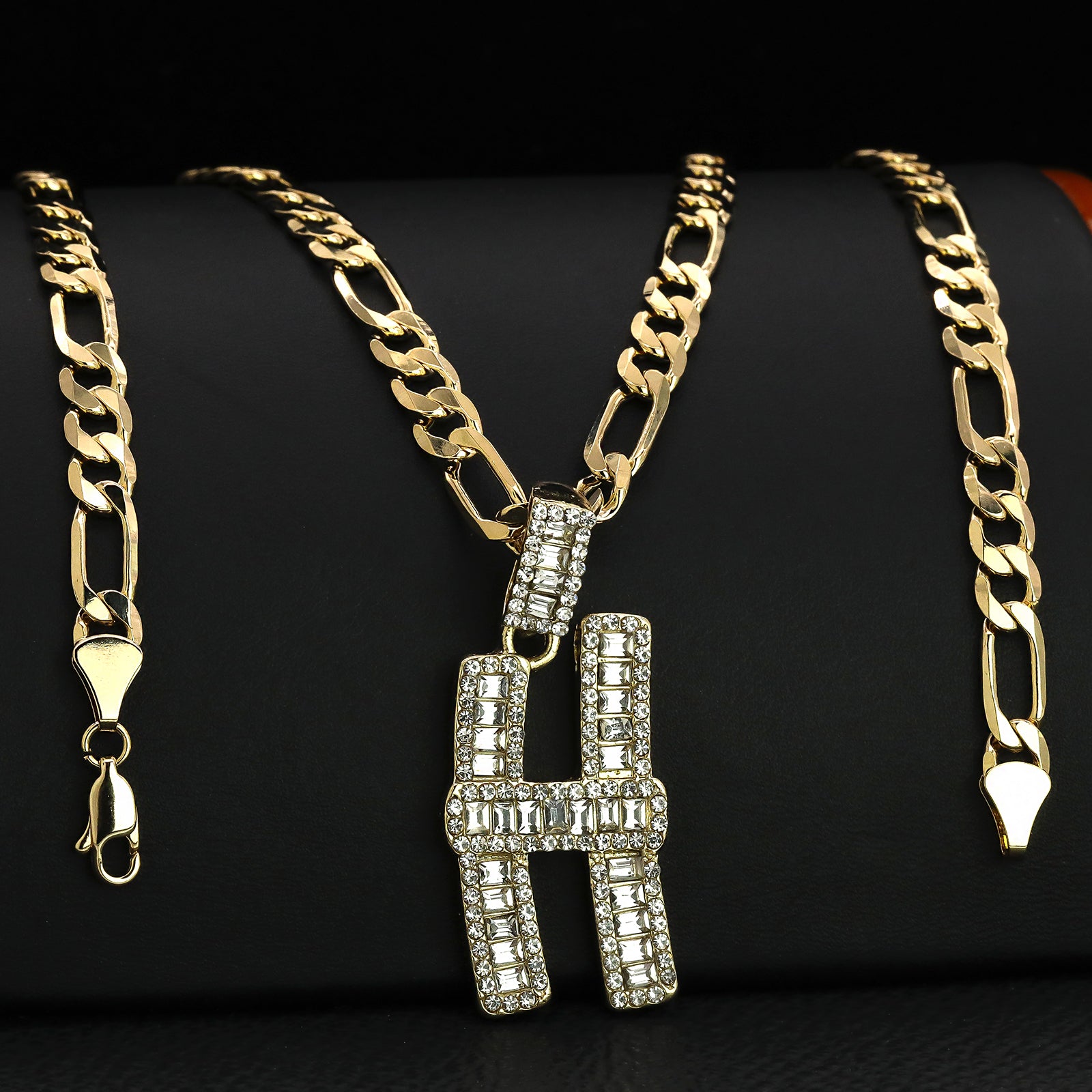 Initial Alphabet Letter Lab Baguette Cz Diamond Cut Pendant 4mm 20" FIGARO CHAIN Hip Hop Necklace