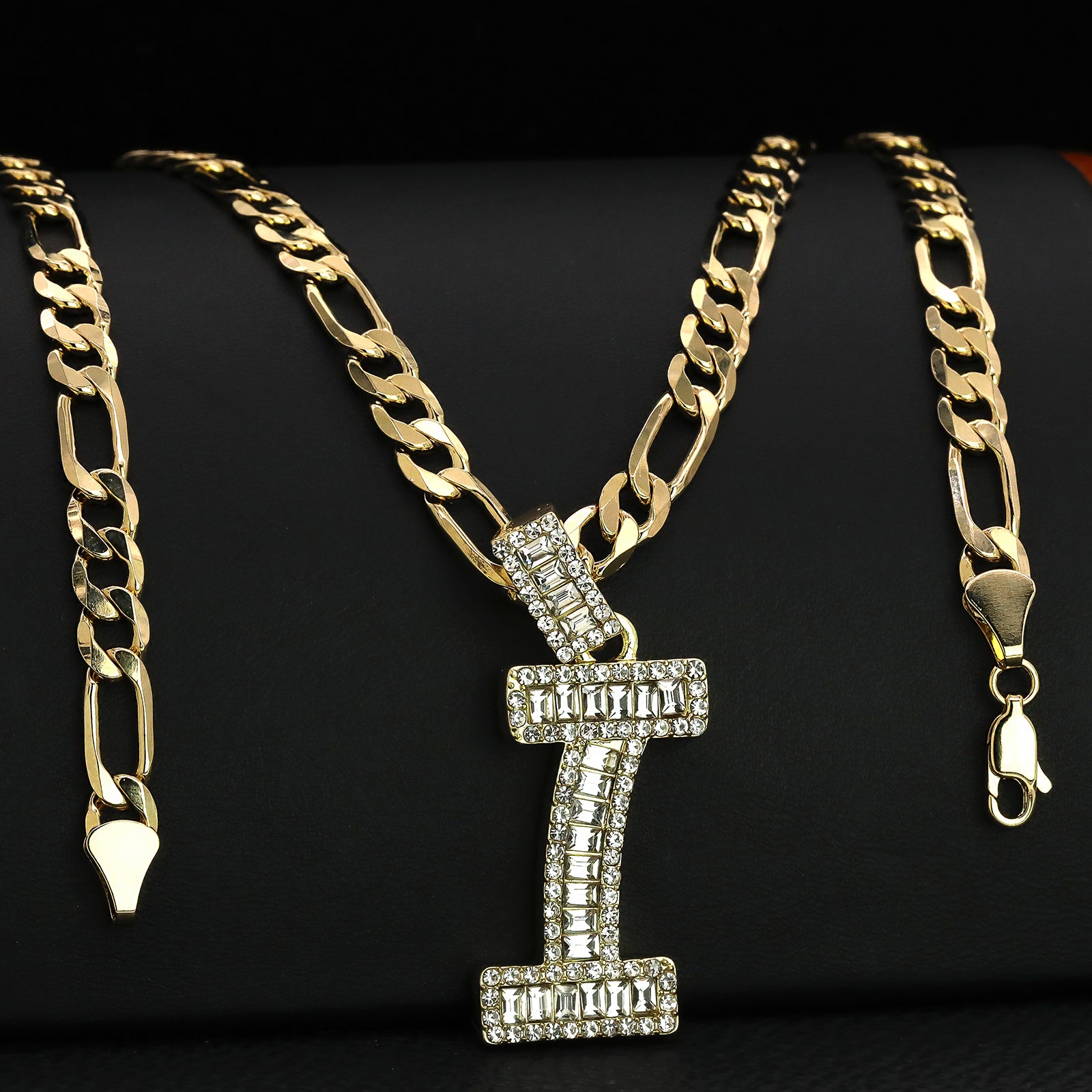 Initial Alphabet Letter Lab Baguette Cz Diamond Cut Pendant 4mm 20" FIGARO CHAIN Hip Hop Necklace