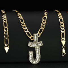 Initial Alphabet Letter Lab Baguette Cz Diamond Cut Pendant 4mm 20" FIGARO CHAIN Hip Hop Necklace