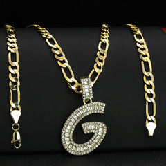 Initial Alphabet Letter Lab Baguette Cz Diamond Cut Pendant 4mm 20" FIGARO CHAIN Hip Hop Necklace