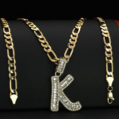 Initial Alphabet Letter Lab Baguette Cz Diamond Cut Pendant 4mm 20" FIGARO CHAIN Hip Hop Necklace