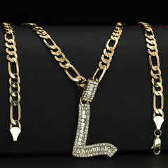 Initial Alphabet Letter Lab Baguette Cz Diamond Cut Pendant 4mm 20" FIGARO CHAIN Hip Hop Necklace