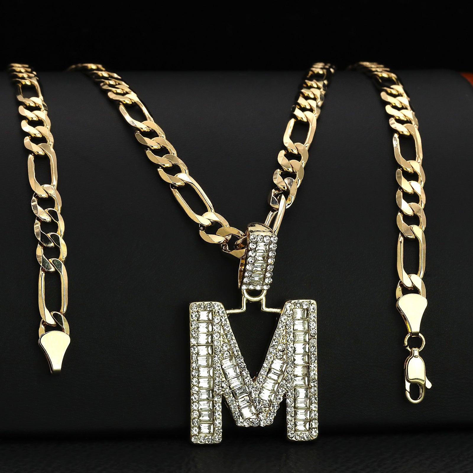 Initial Alphabet Letter Lab Baguette Cz Diamond Cut Pendant 4mm 20" FIGARO CHAIN Hip Hop Necklace