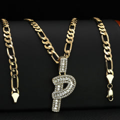Initial Alphabet Letter Lab Baguette Cz Diamond Cut Pendant 4mm 20" FIGARO CHAIN Hip Hop Necklace