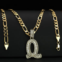 Initial Alphabet Letter Lab Baguette Cz Diamond Cut Pendant 4mm 20" FIGARO CHAIN Hip Hop Necklace