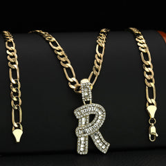Initial Alphabet Letter Lab Baguette Cz Diamond Cut Pendant 4mm 20" FIGARO CHAIN Hip Hop Necklace