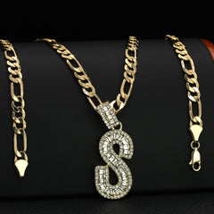 Initial Alphabet Letter Lab Baguette Cz Diamond Cut Pendant 4mm 20" FIGARO CHAIN Hip Hop Necklace